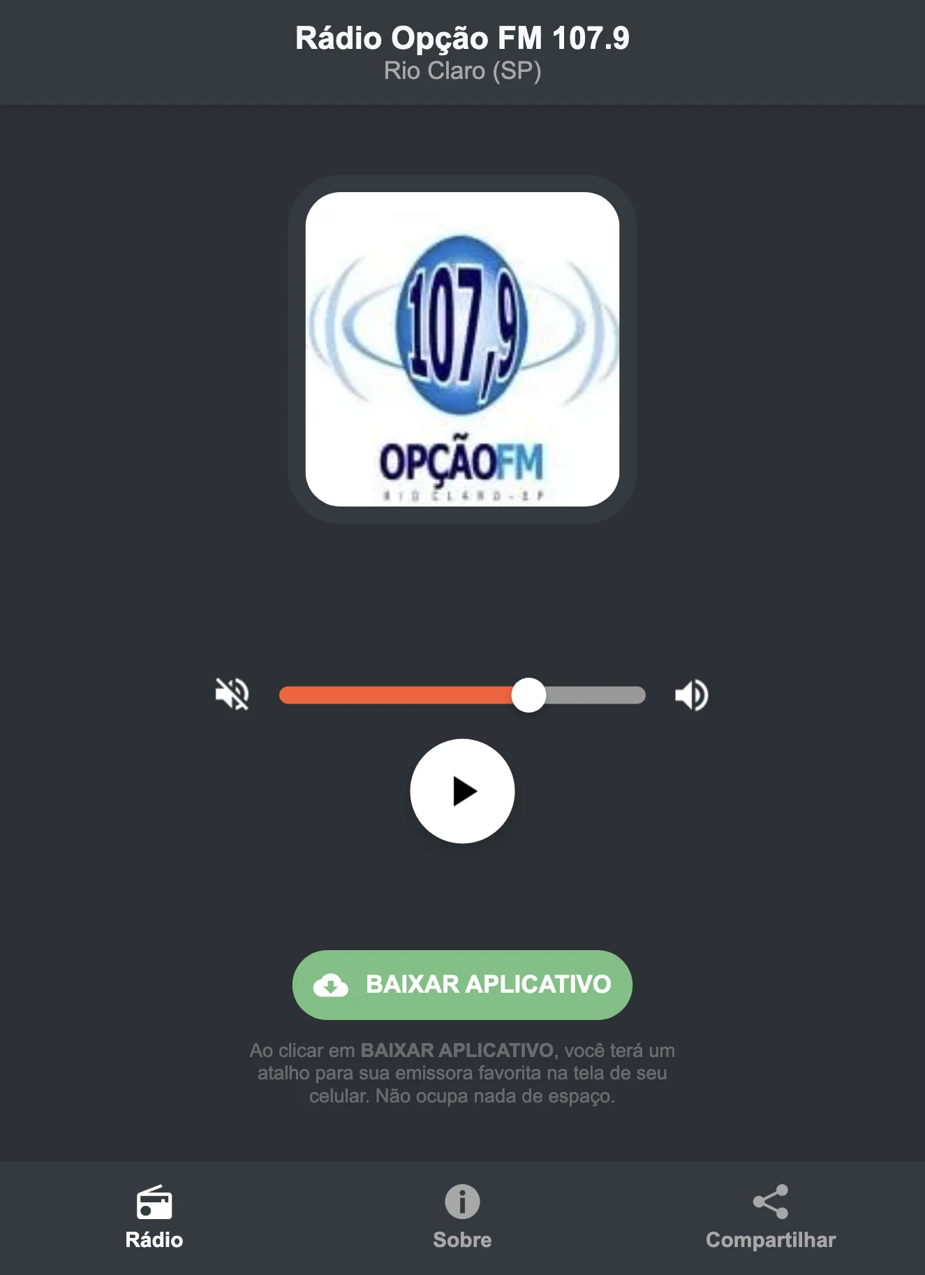 Screenshot do aplicativo da Rádio Opção FM 107.9