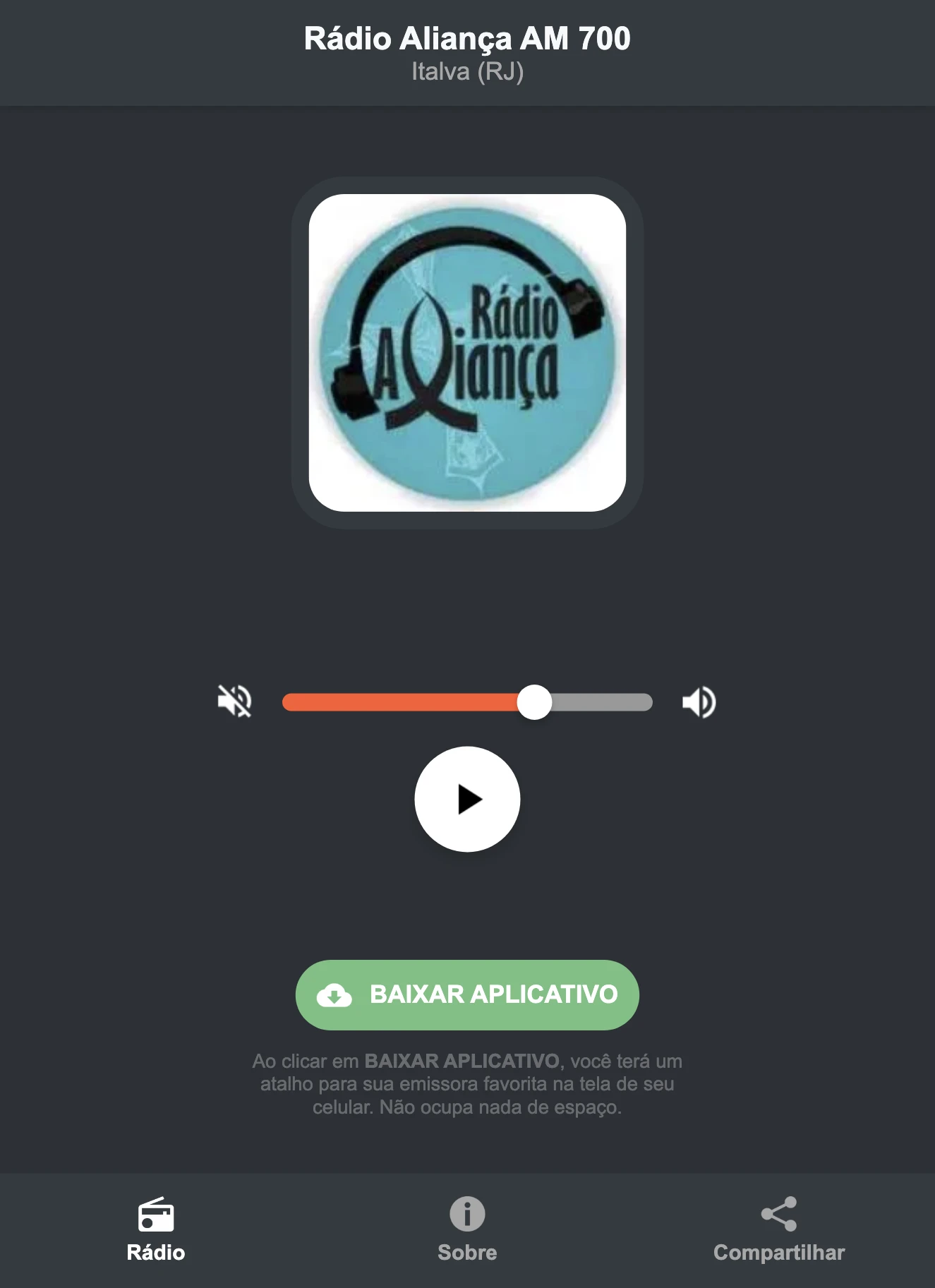 Screenshot do aplicativo da Rádio Aliança AM 700