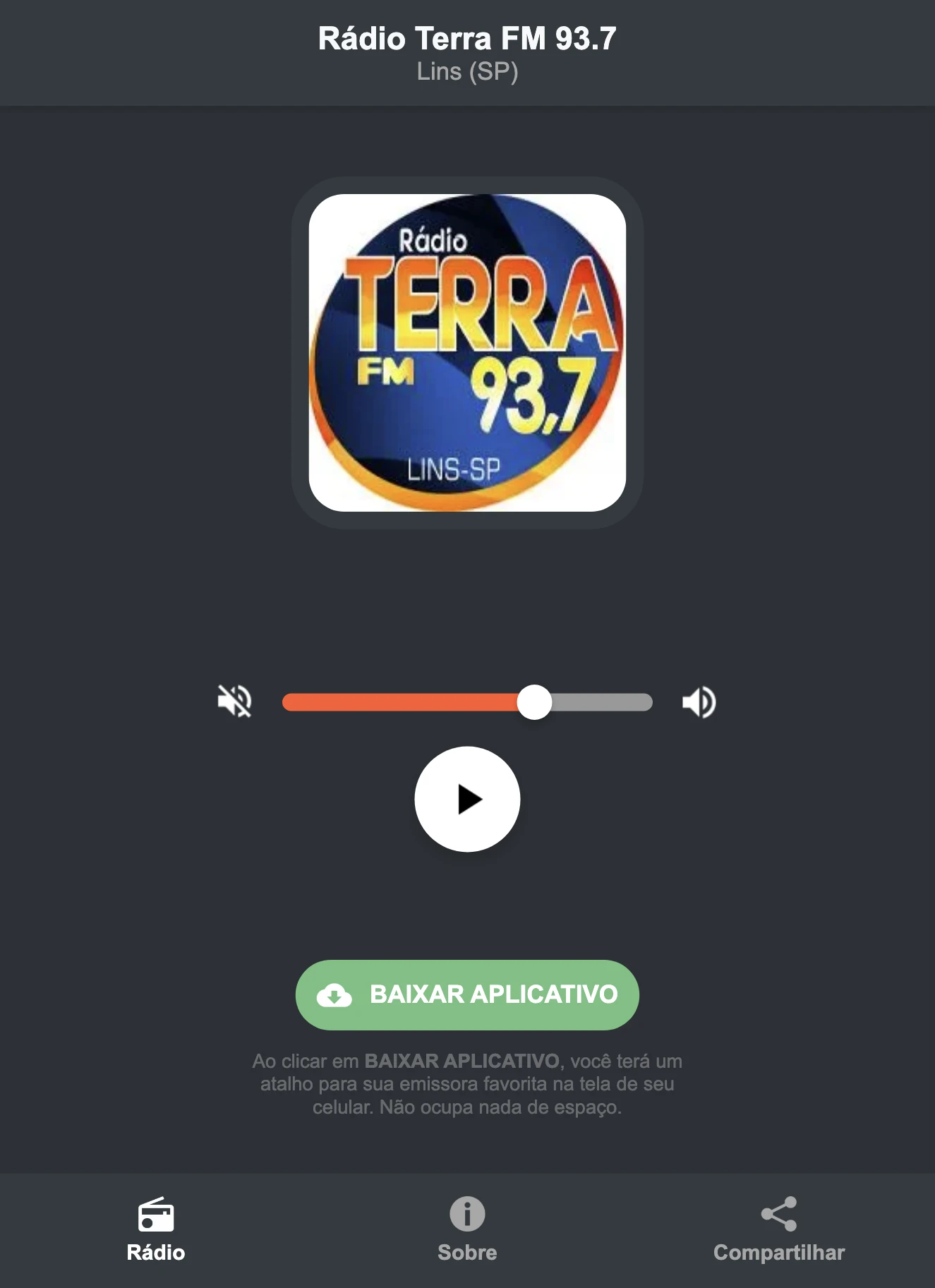 Screenshot do aplicativo da Rádio Terra FM 93.7