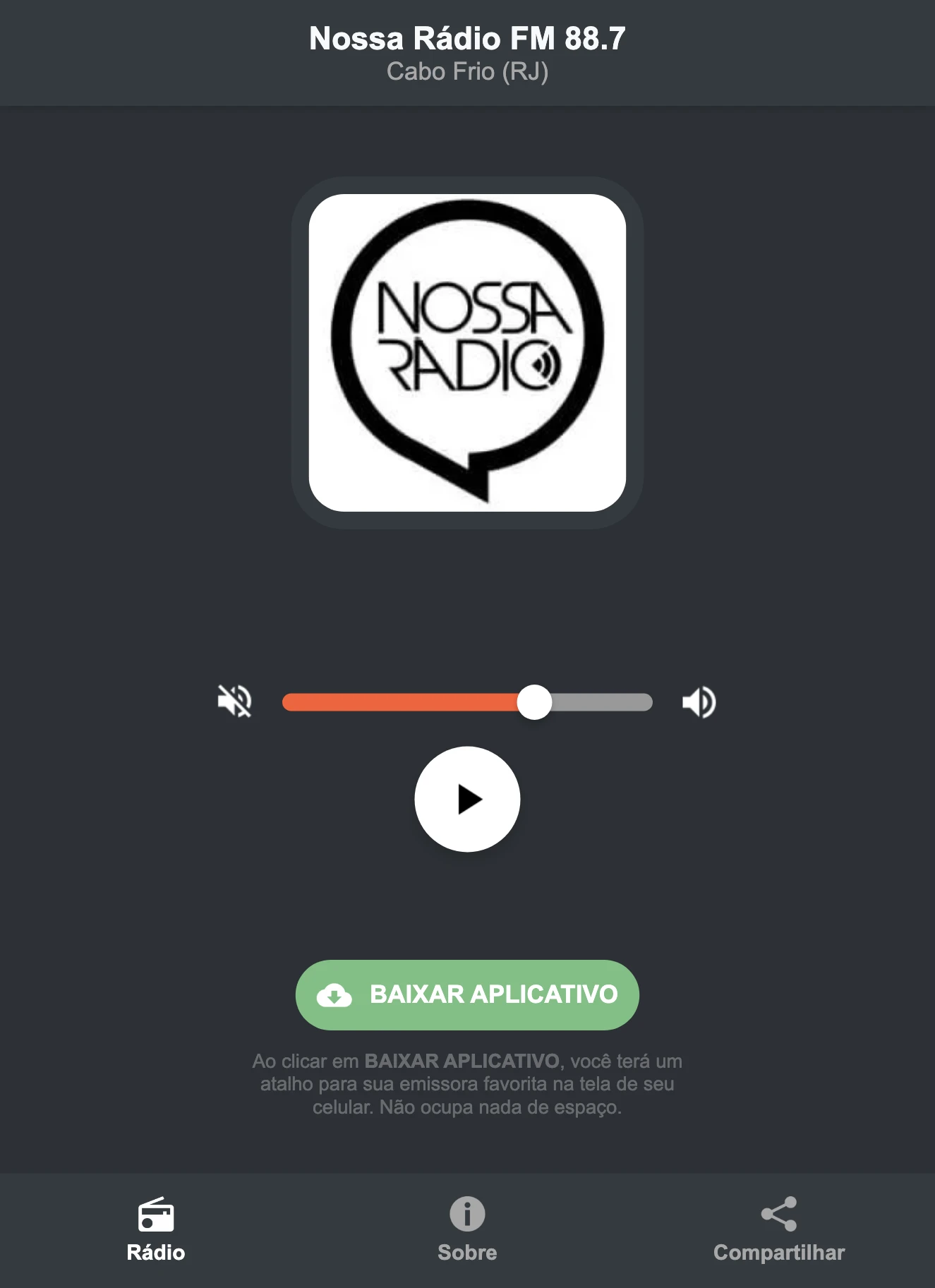 Screenshot do aplicativo da Nossa Rádio FM 88.7