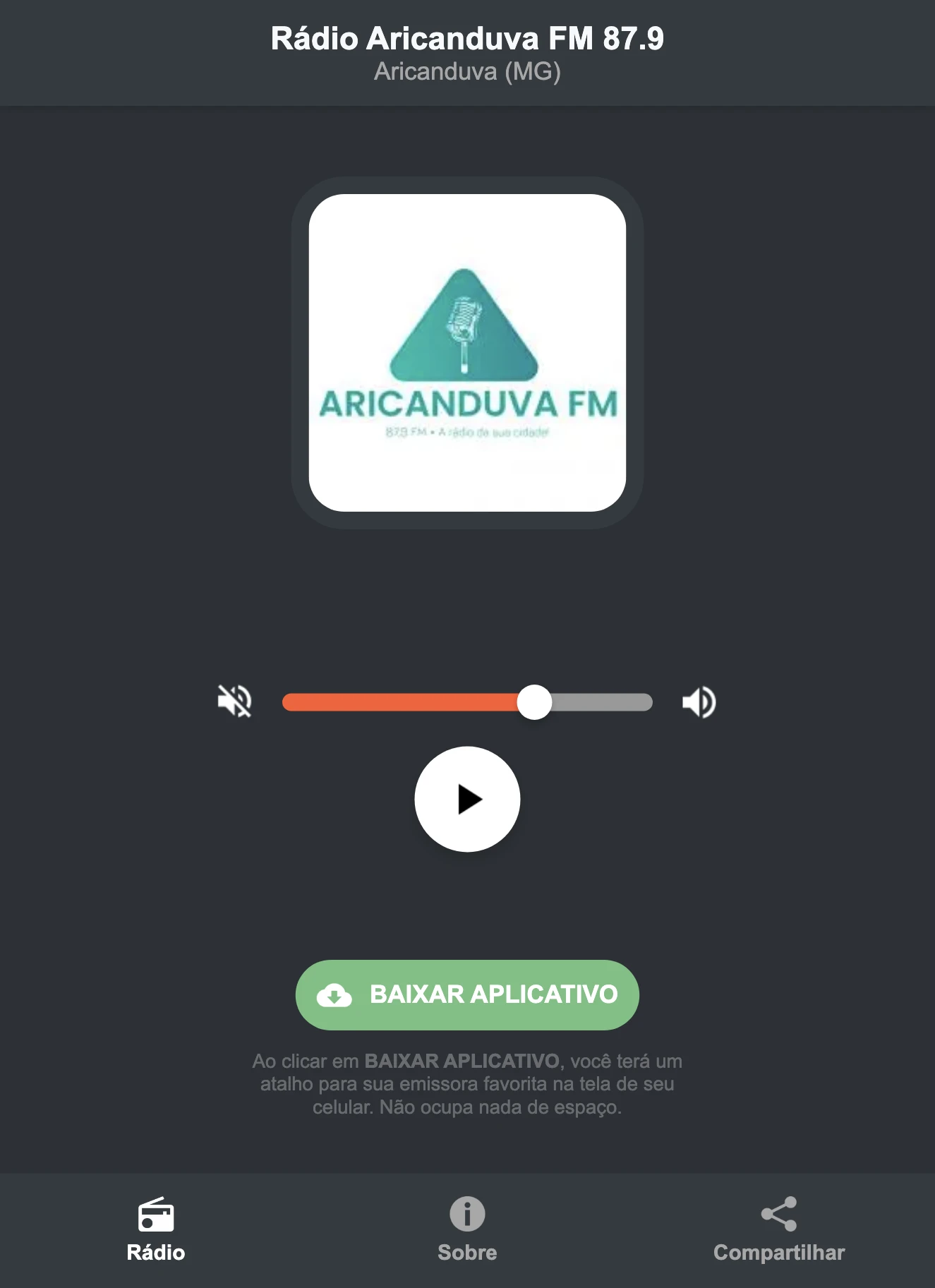 Screenshot do aplicativo da Rádio Aricanduva FM 87.9