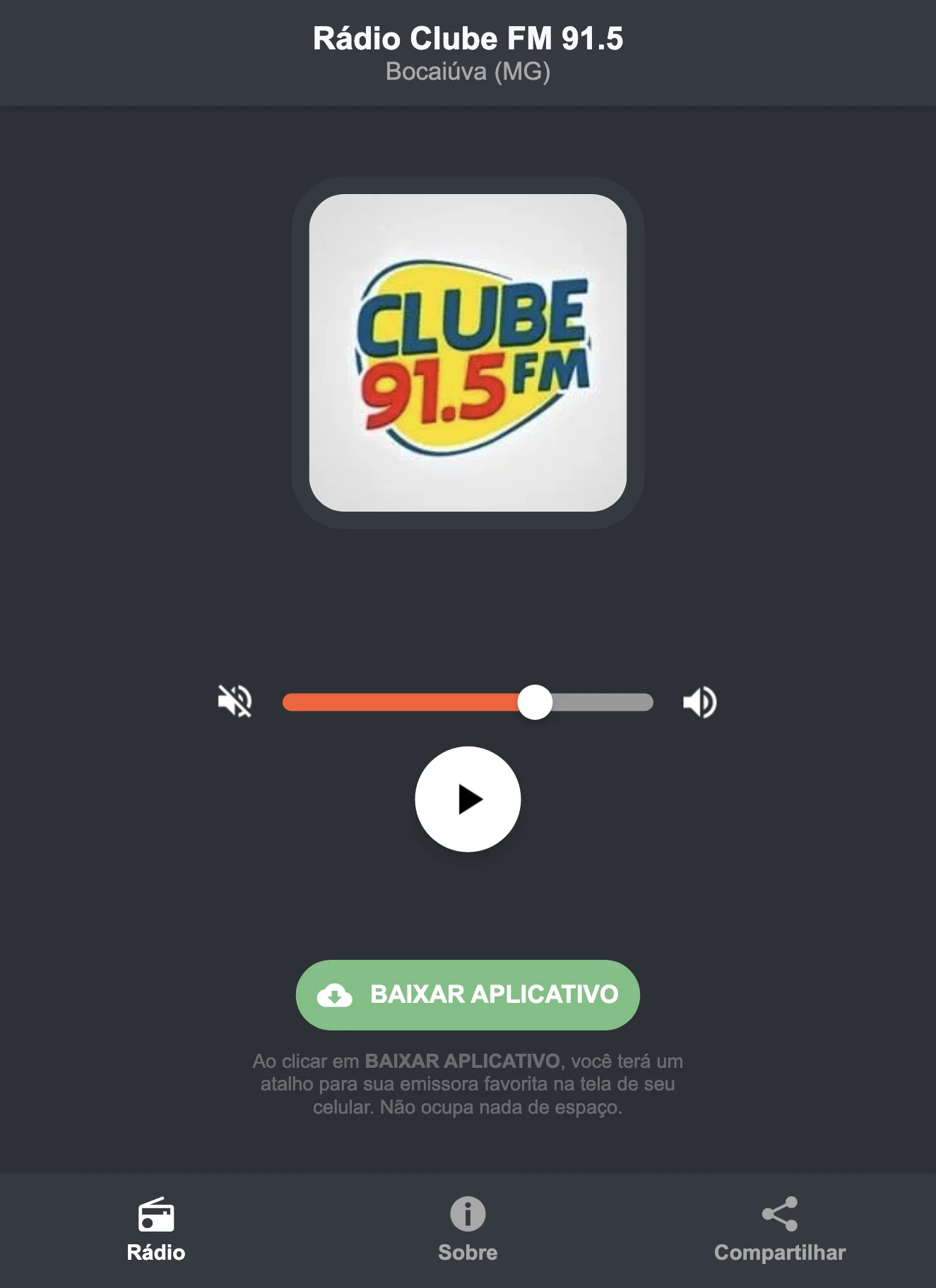 Screenshot do aplicativo da Rádio Clube FM 91.5