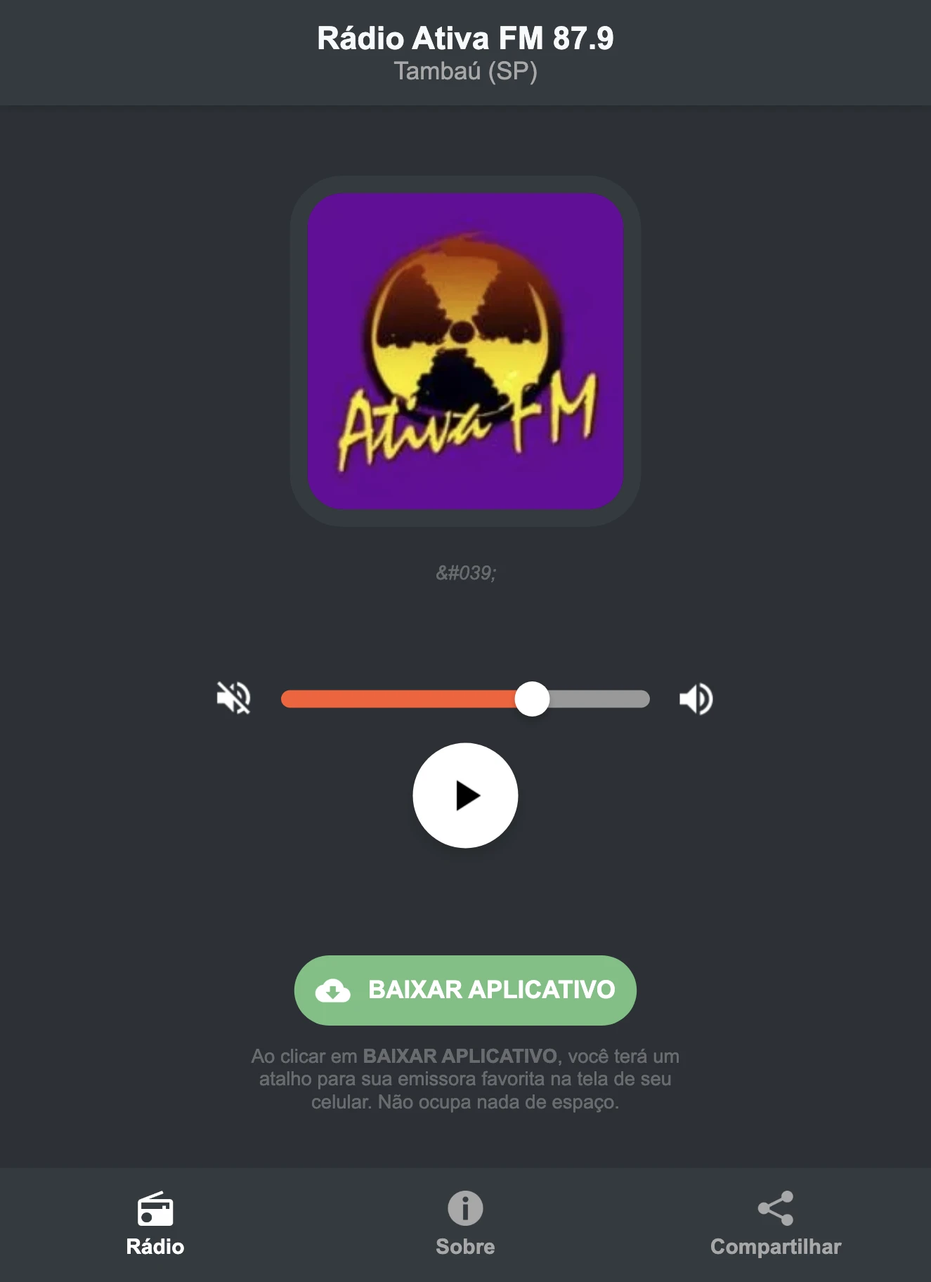 Screenshot do aplicativo da Rádio Ativa FM 87.9