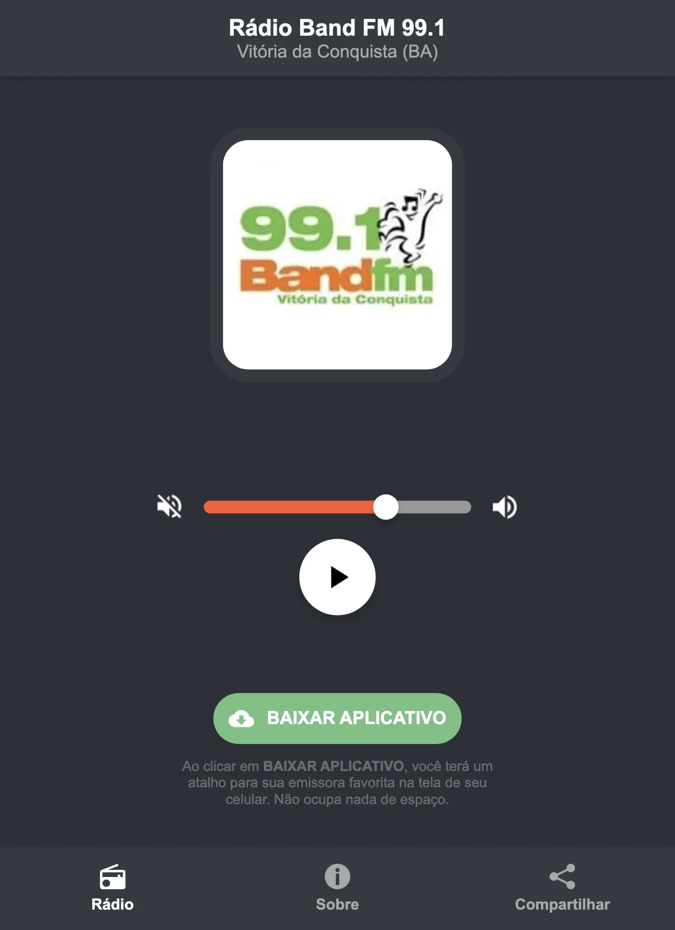 Screenshot do aplicativo da Rádio Band FM 99.1