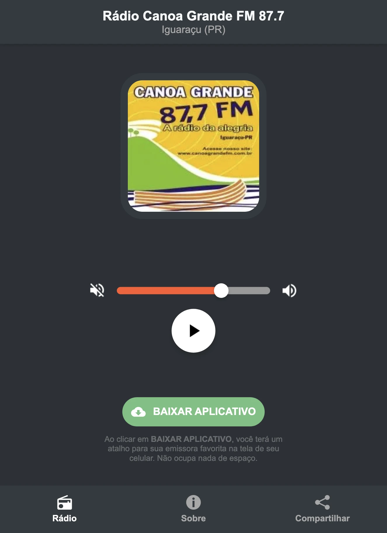 Screenshot do aplicativo da Rádio Canoa Grande FM 87.7