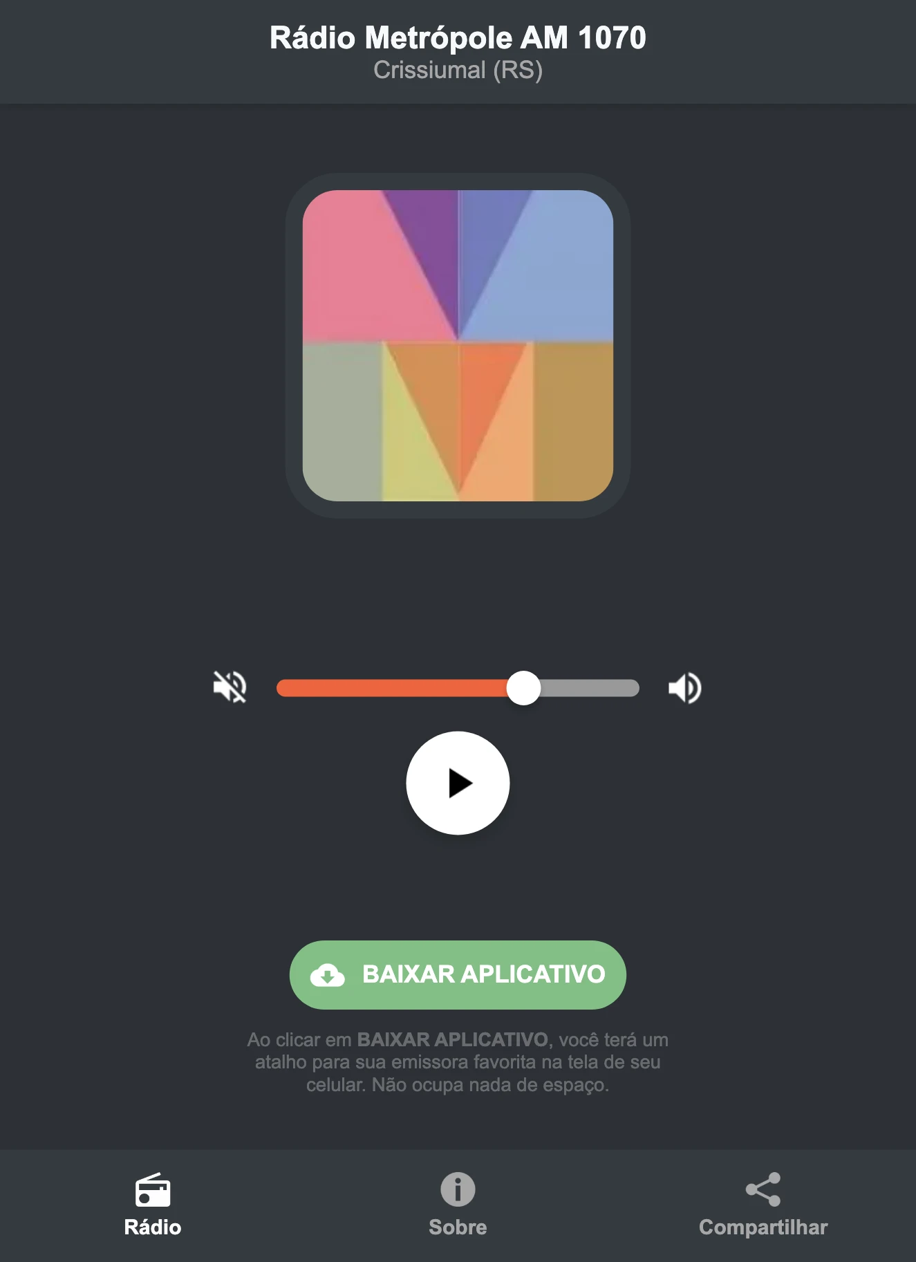 Screenshot do aplicativo da Rádio Metrópole AM 1070