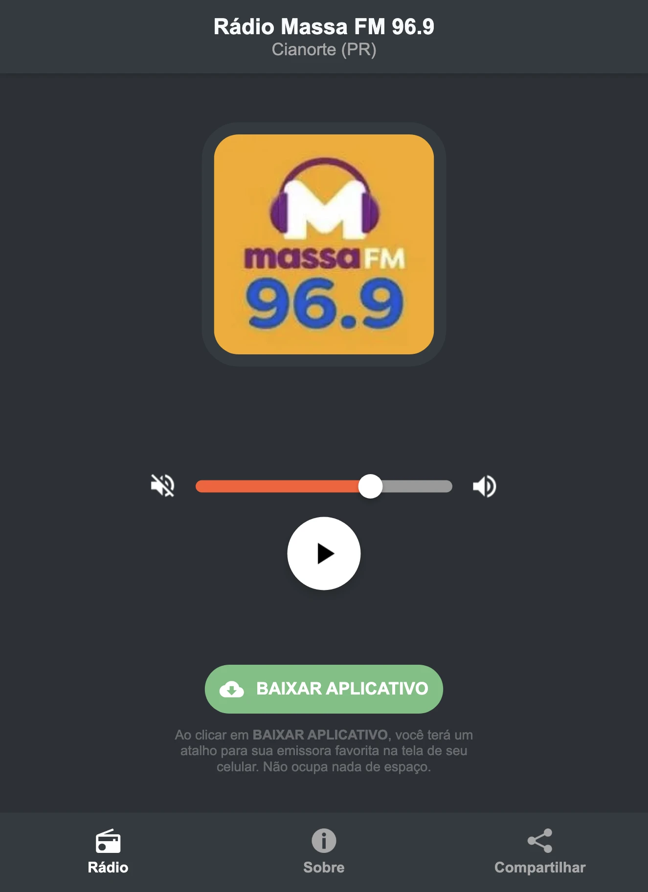 Screenshot do aplicativo da Rádio Massa FM 96.9
