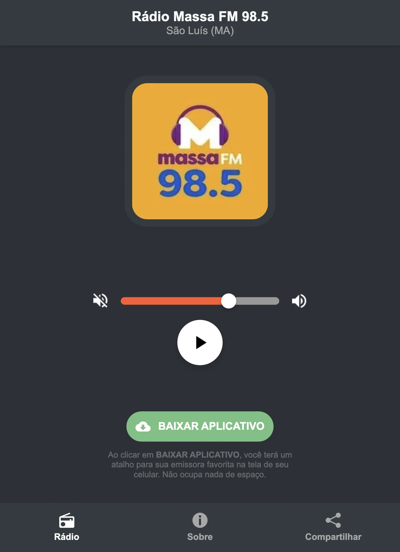 Screenshot do aplicativo da Rádio Massa FM 98.5