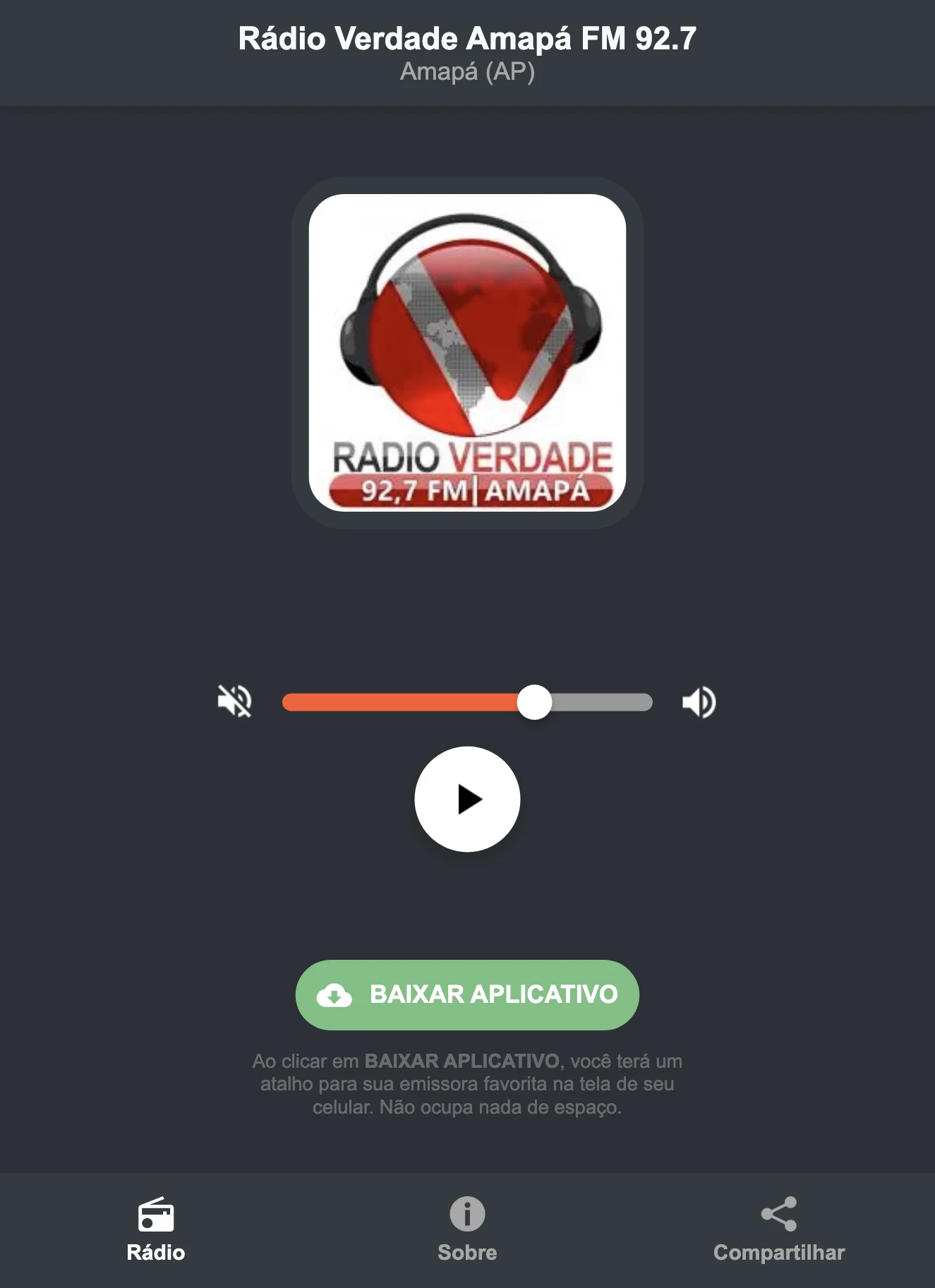 Screenshot do aplicativo da Rádio Verdade Amapá FM 92.7