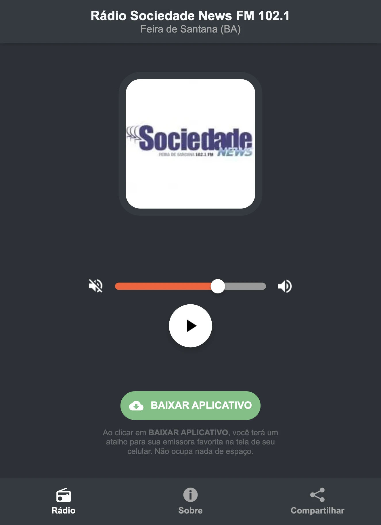 Screenshot do aplicativo da Rádio Sociedade News FM 102.1