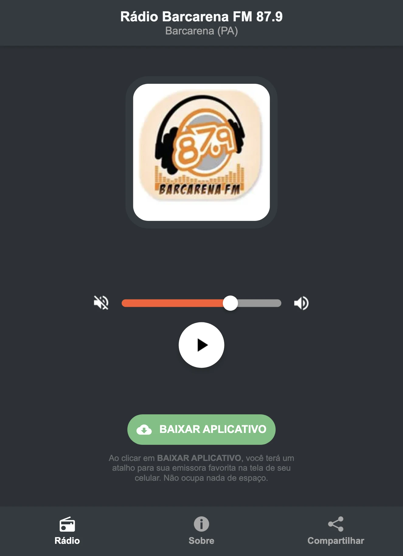 Screenshot do aplicativo da Rádio Barcarena FM 87.9
