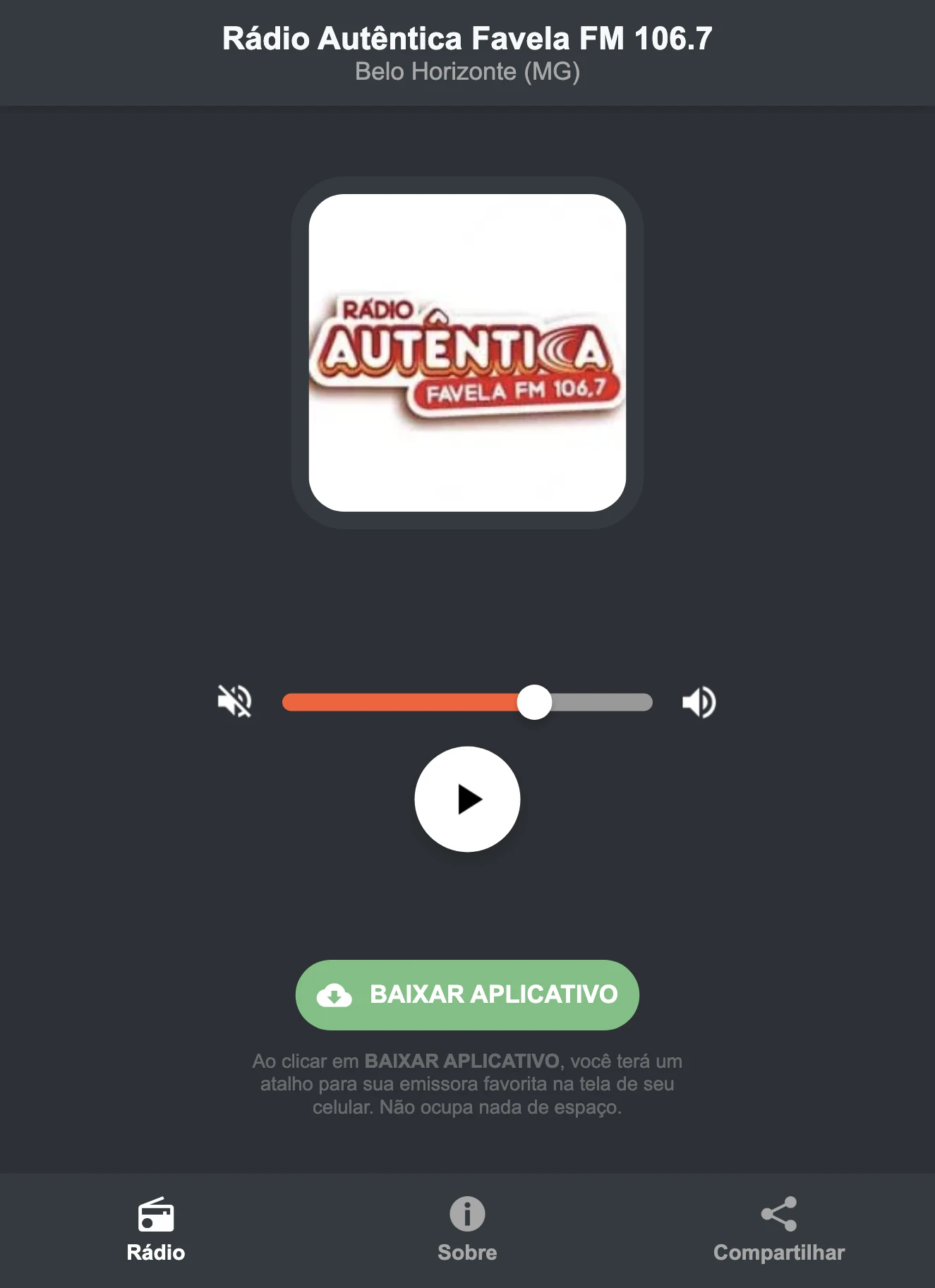 Screenshot do aplicativo da Rádio Autêntica Favela FM 106.7