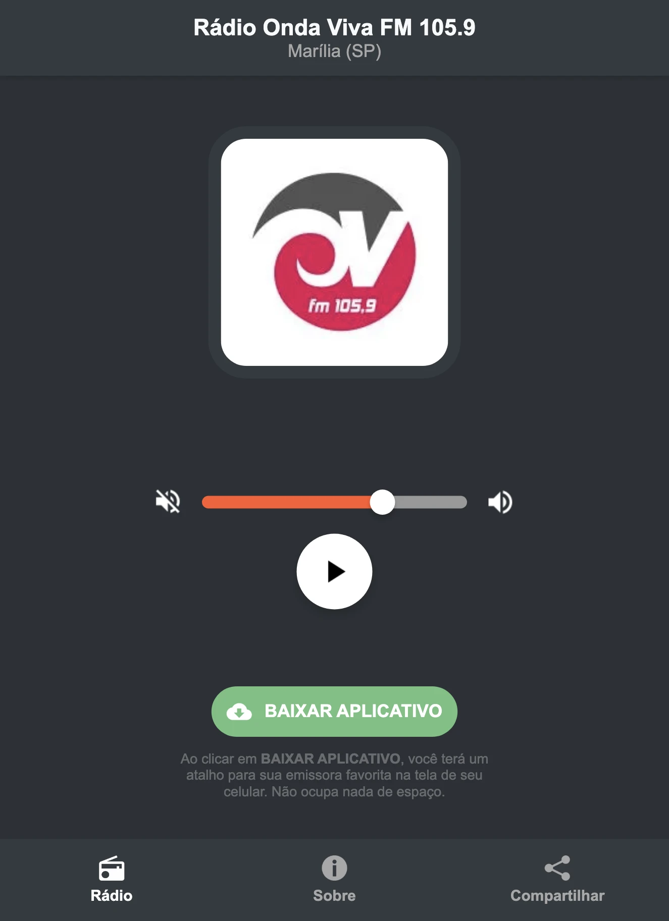 Screenshot do aplicativo da Rádio Onda Viva FM 105.9