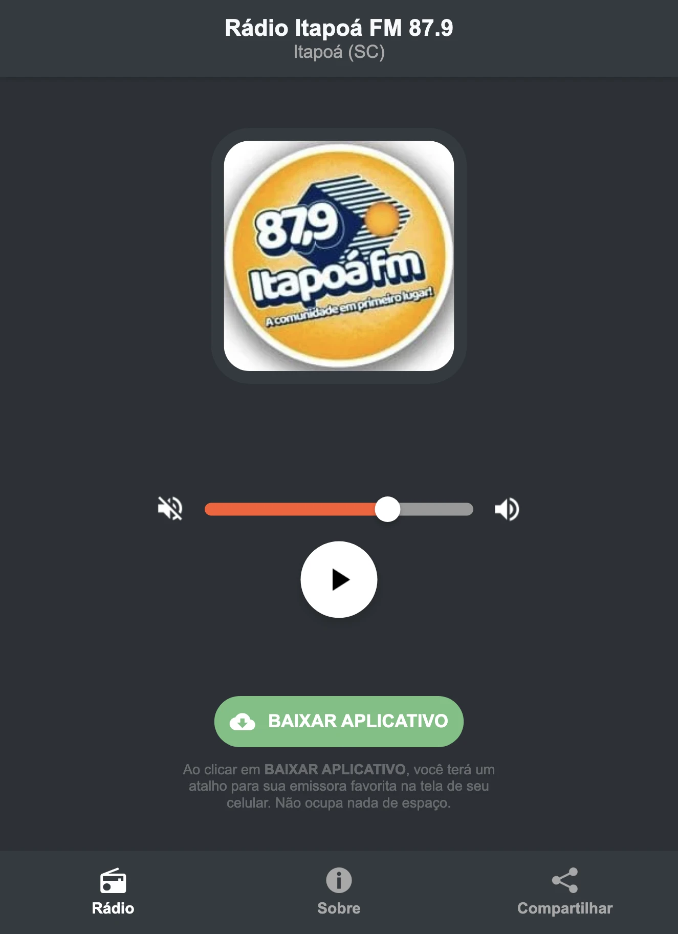 Screenshot do aplicativo da Rádio Itapoá FM 87.9