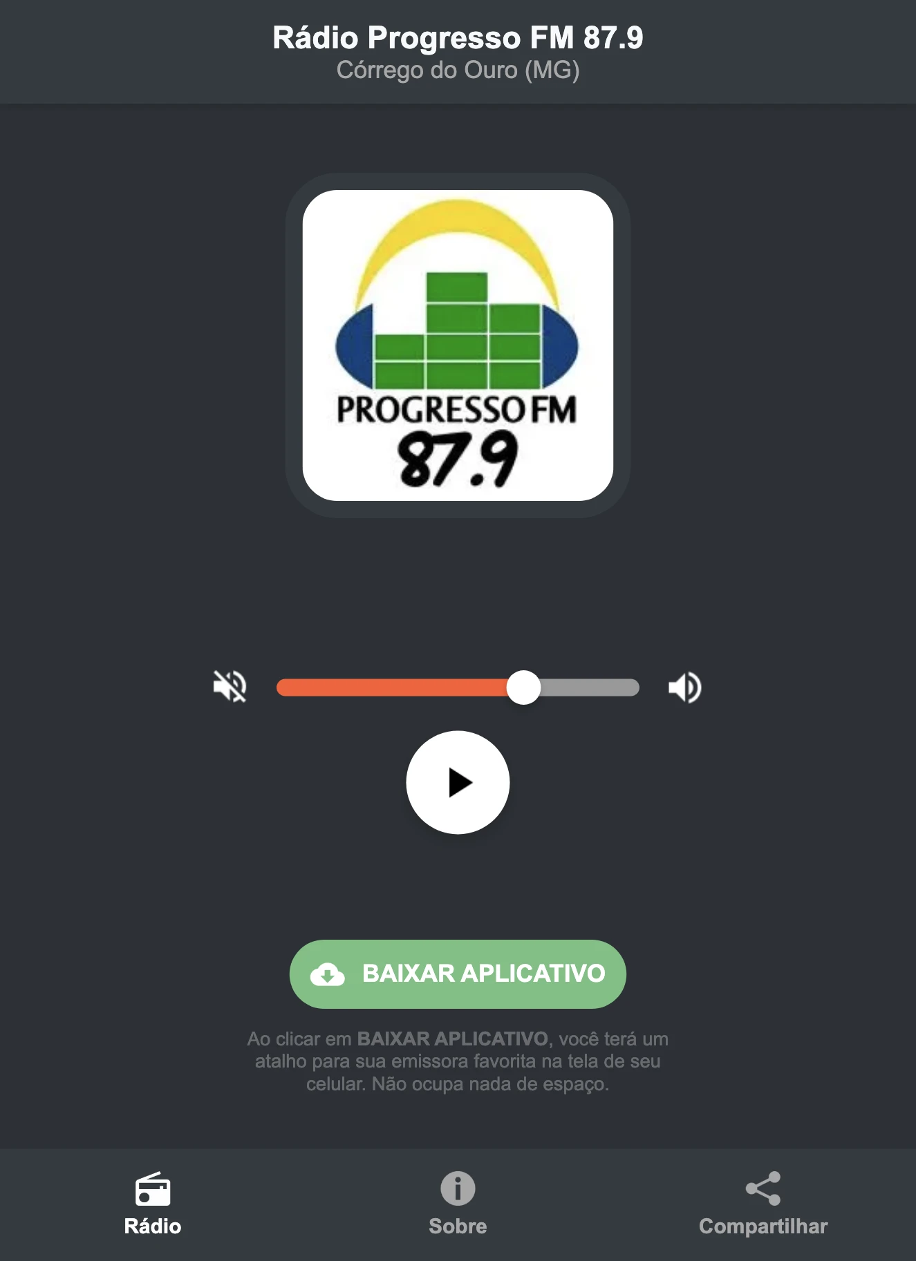 Screenshot do aplicativo da Rádio Progresso FM 87.9