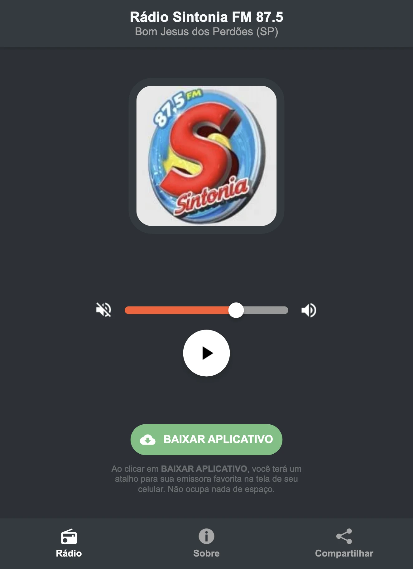 Screenshot do aplicativo da Rádio Sintonia FM 87.5