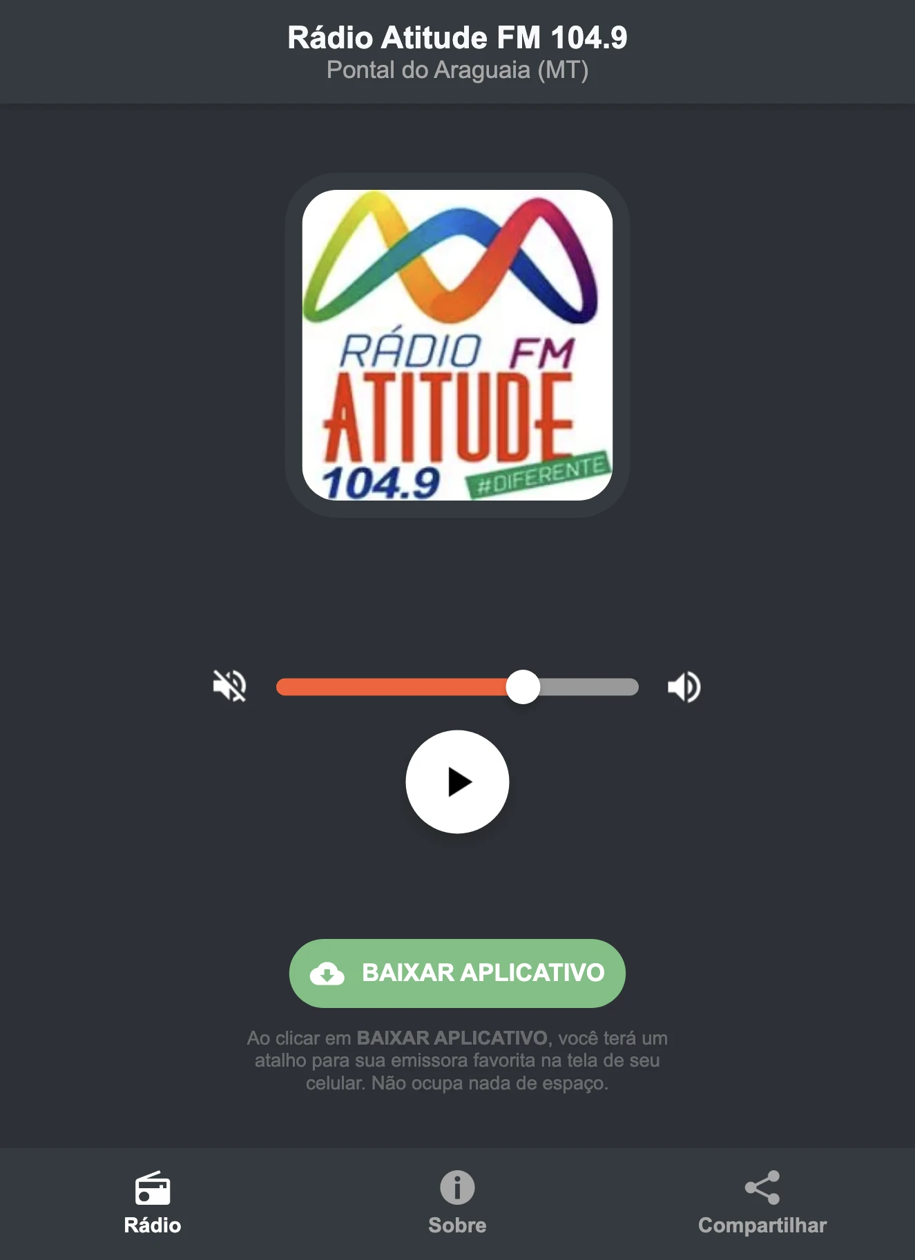 Screenshot do aplicativo da Rádio Atitude FM 104.9