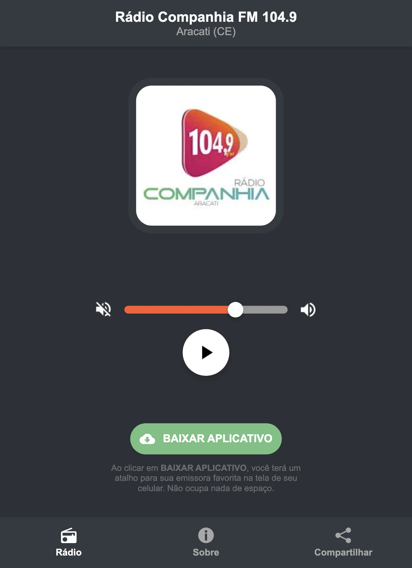 Screenshot do aplicativo da Rádio Companhia FM 104.9