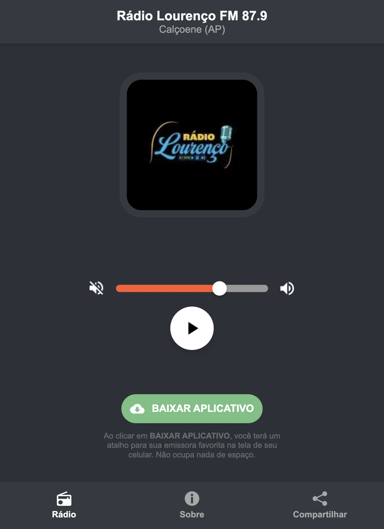 Screenshot do aplicativo da Rádio Lourenço FM 87.9