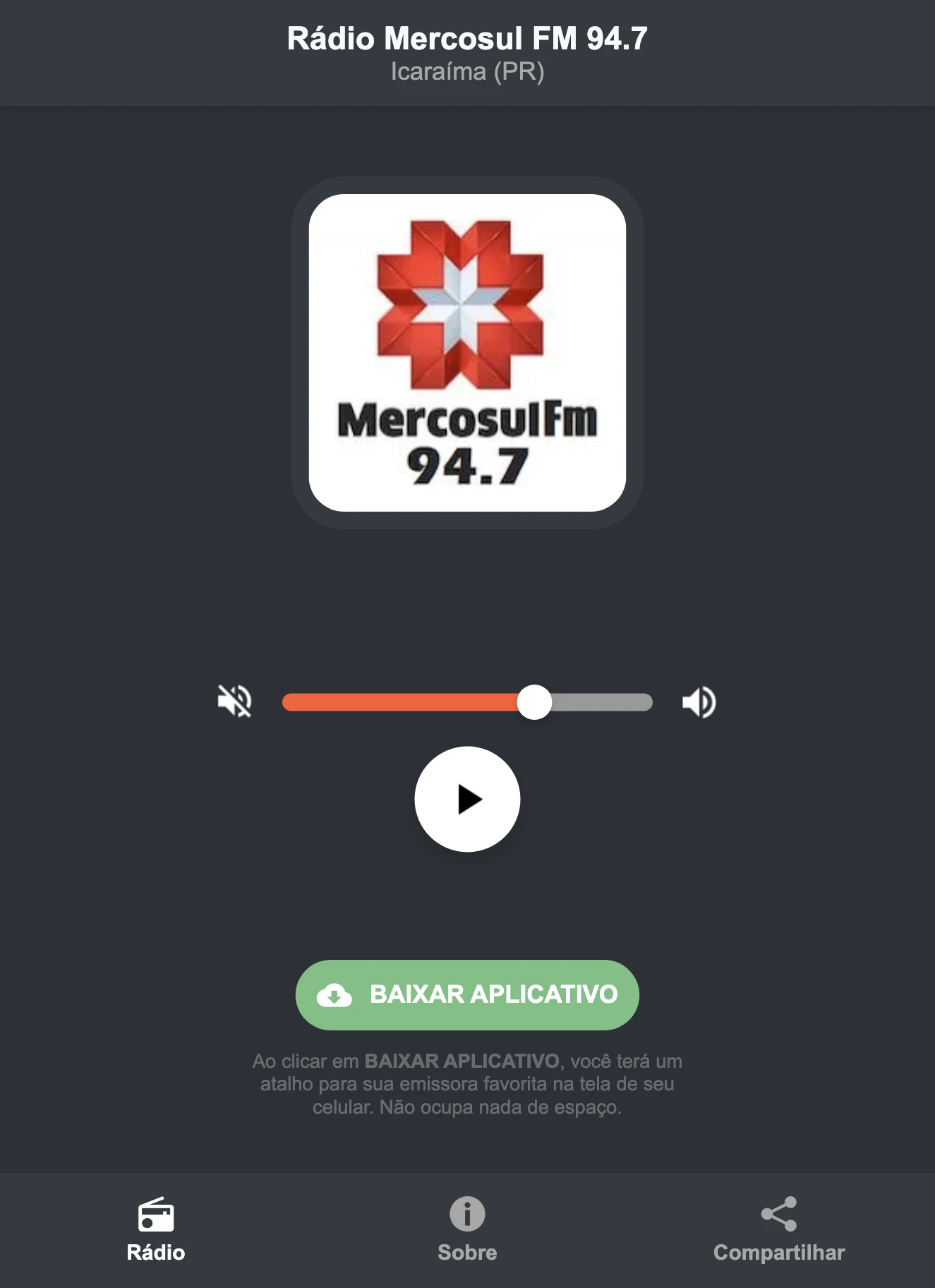 Screenshot do aplicativo da Rádio Mercosul FM 94.7