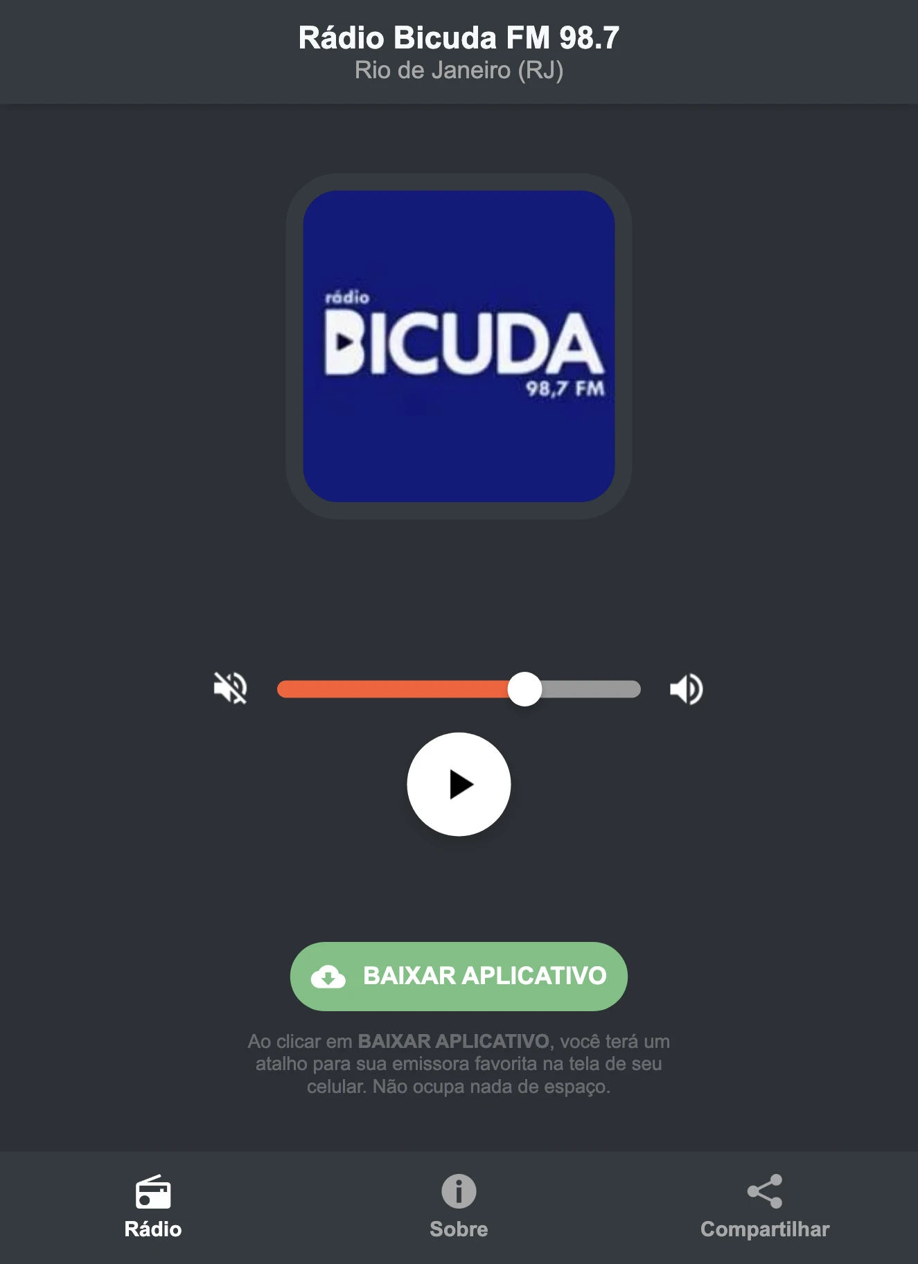 Screenshot do aplicativo da Rádio Bicuda FM 98.7