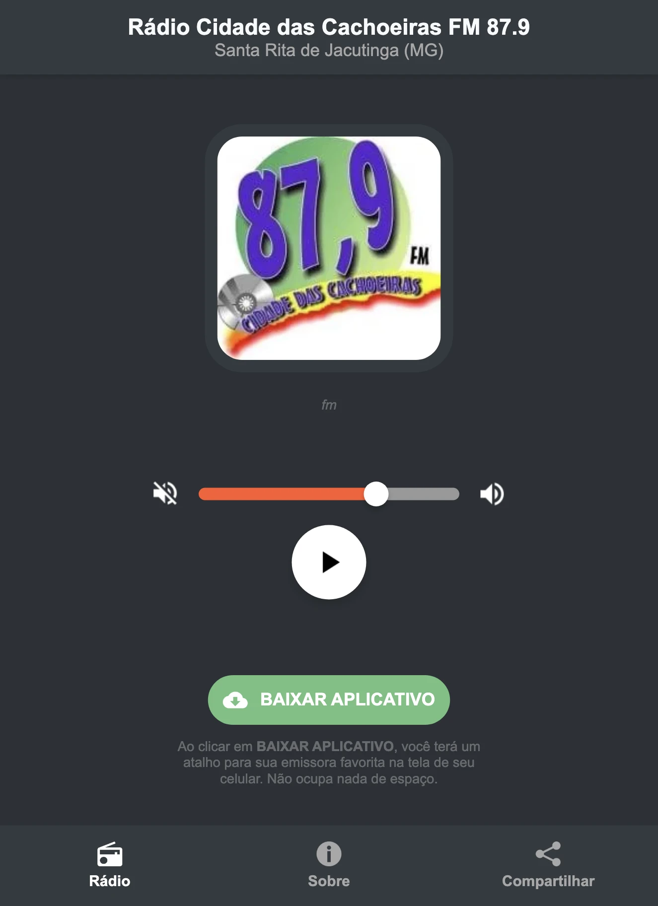 Screenshot do aplicativo da Rádio Cidade das Cachoeiras FM 87.9