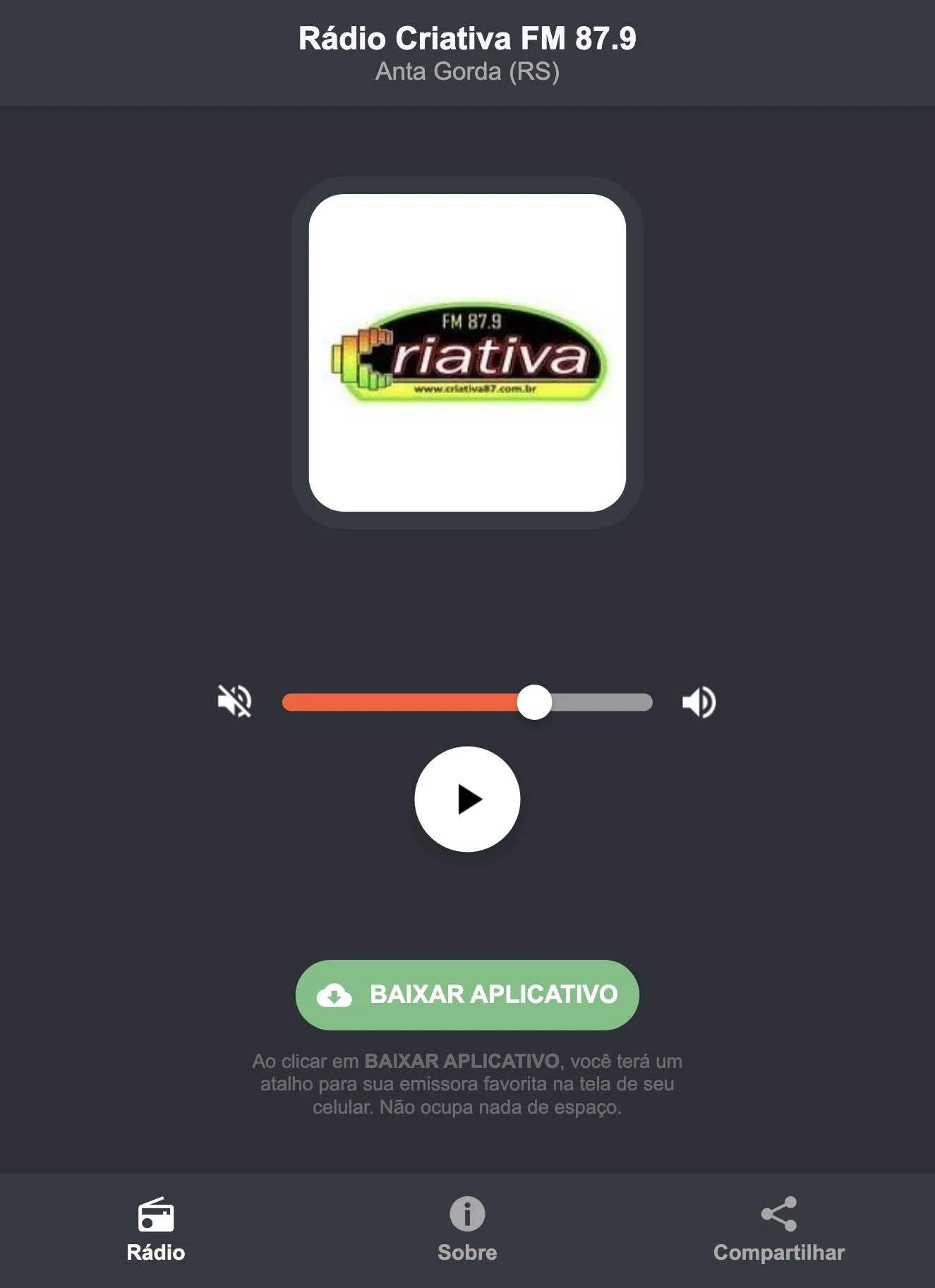 Screenshot do aplicativo da Rádio Criativa FM 87.9