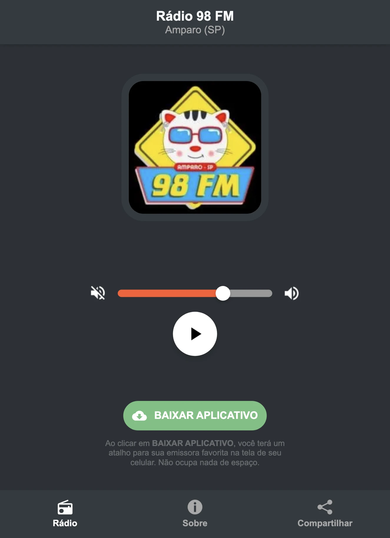 Screenshot do aplicativo da Rádio 98 FM