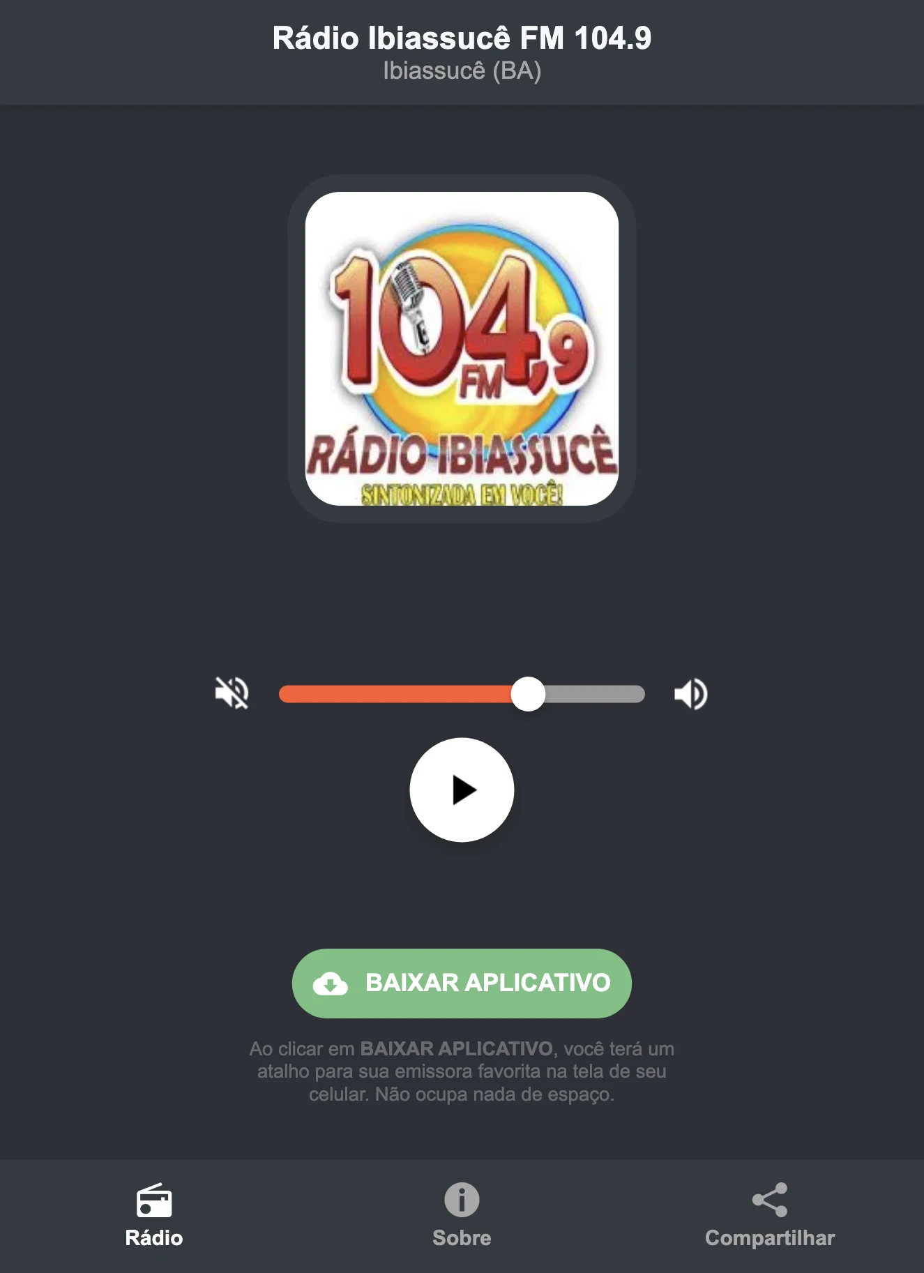 Screenshot do aplicativo da Rádio Ibiassucê FM 104.9