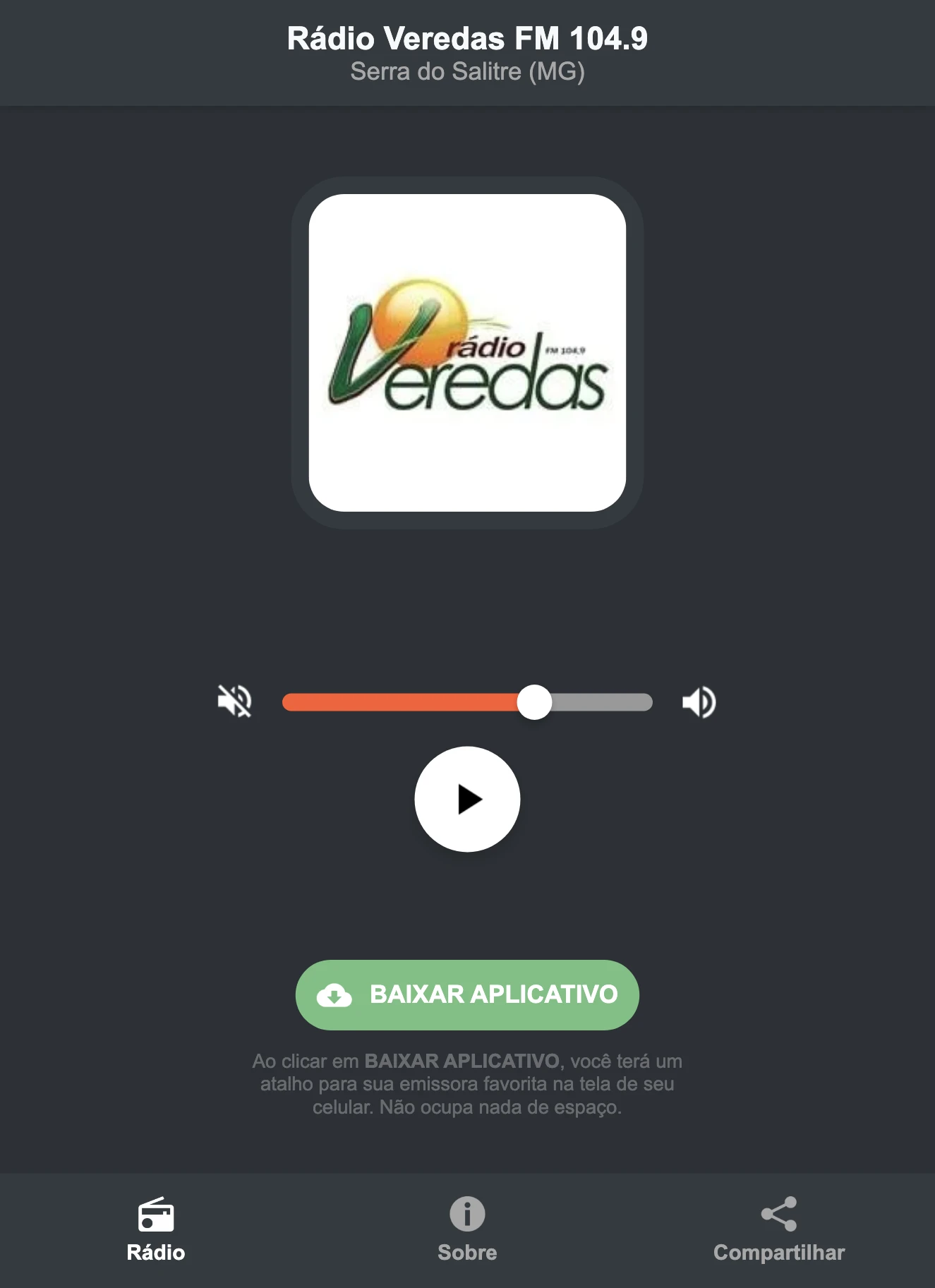 Screenshot do aplicativo da Rádio Veredas FM 104.9