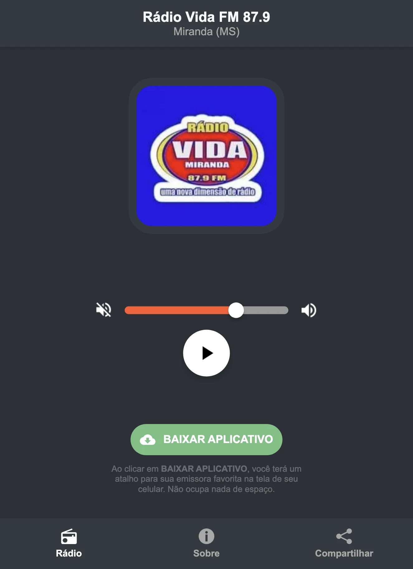 Screenshot do aplicativo da Rádio Vida FM 87.9