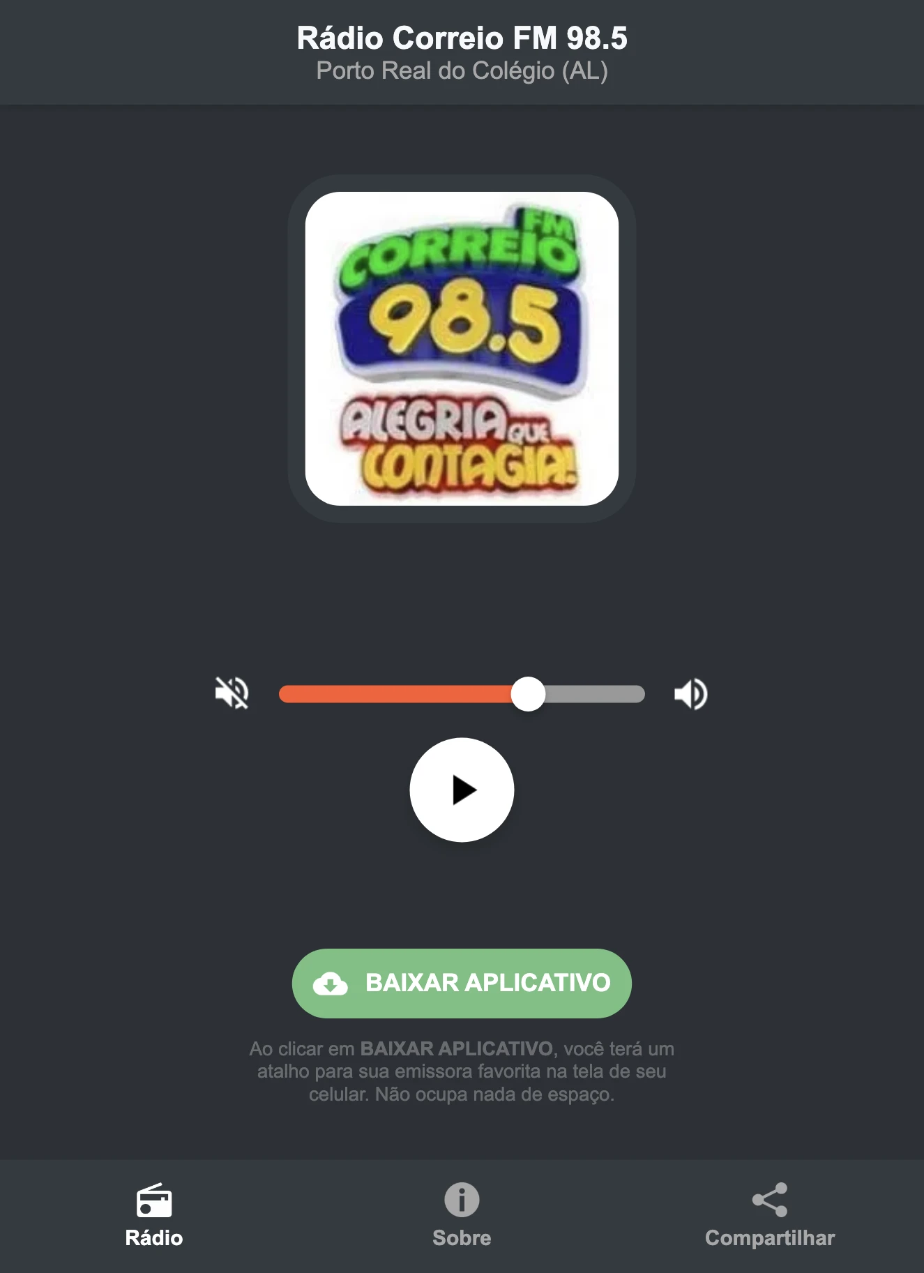 Screenshot do aplicativo da Rádio Correio FM 98.5