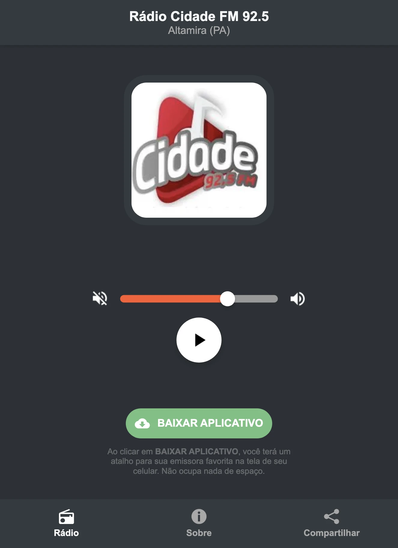 Screenshot do aplicativo da Rádio Cidade FM 92.5