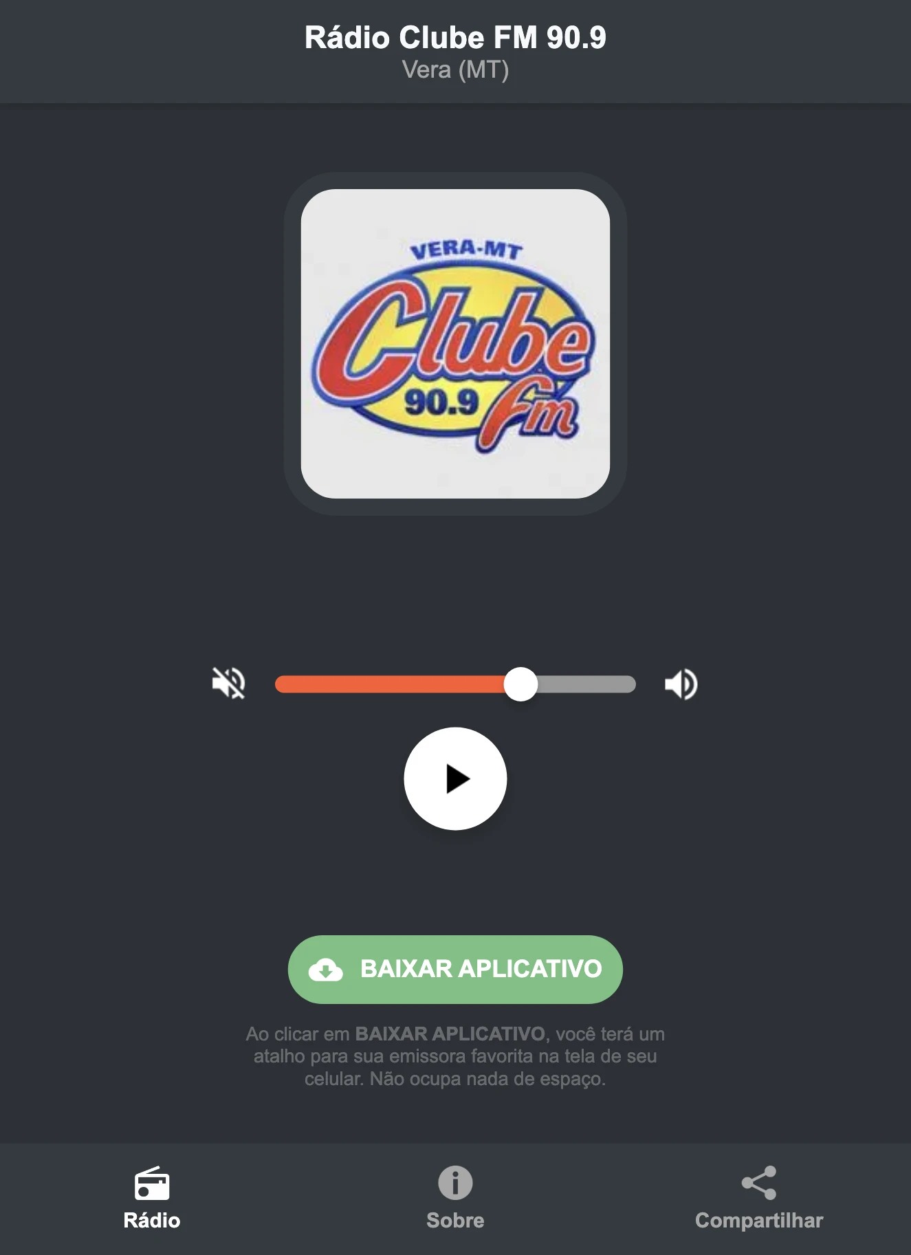 Screenshot do aplicativo da Rádio Clube FM 90.9