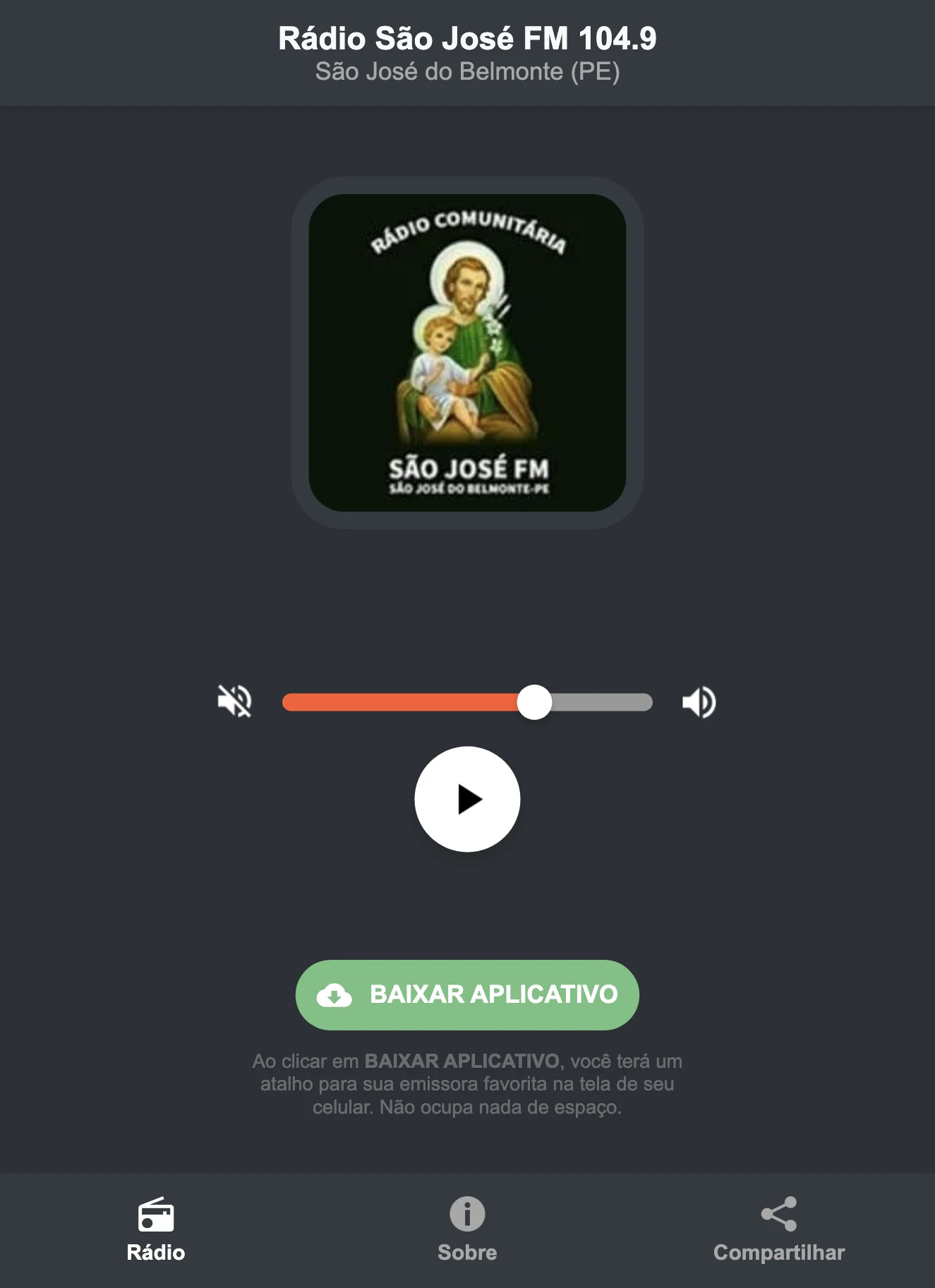 Screenshot do aplicativo da Rádio São José FM 104.9