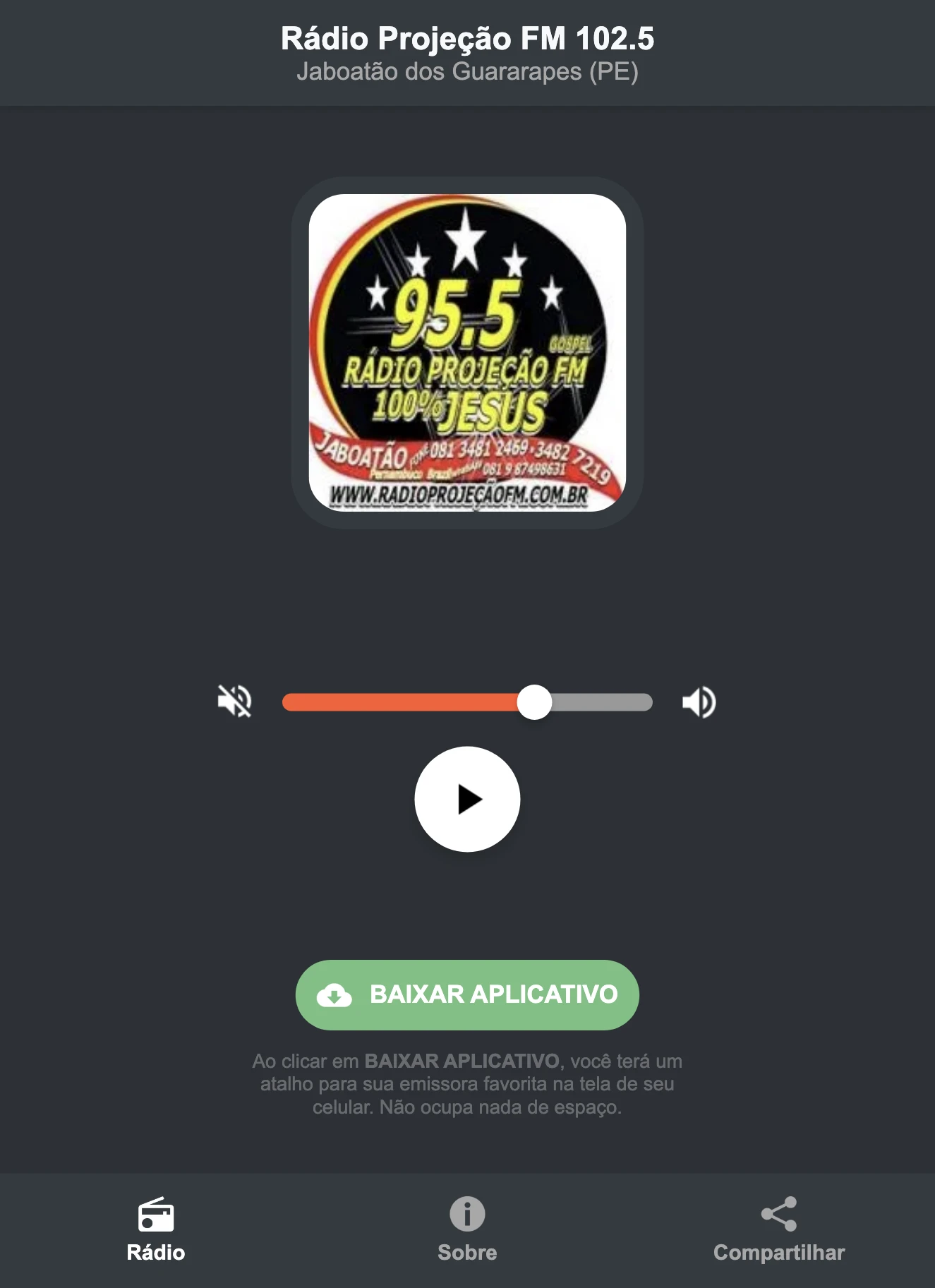 Screenshot do aplicativo da Rádio Projeção FM 102.5