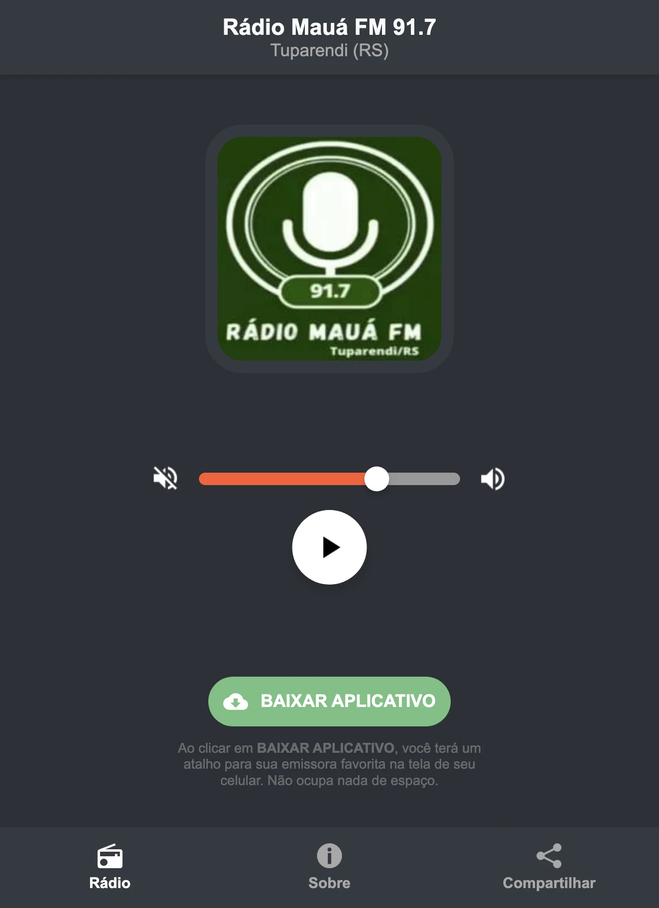 Screenshot do aplicativo da Rádio Mauá FM 91.7