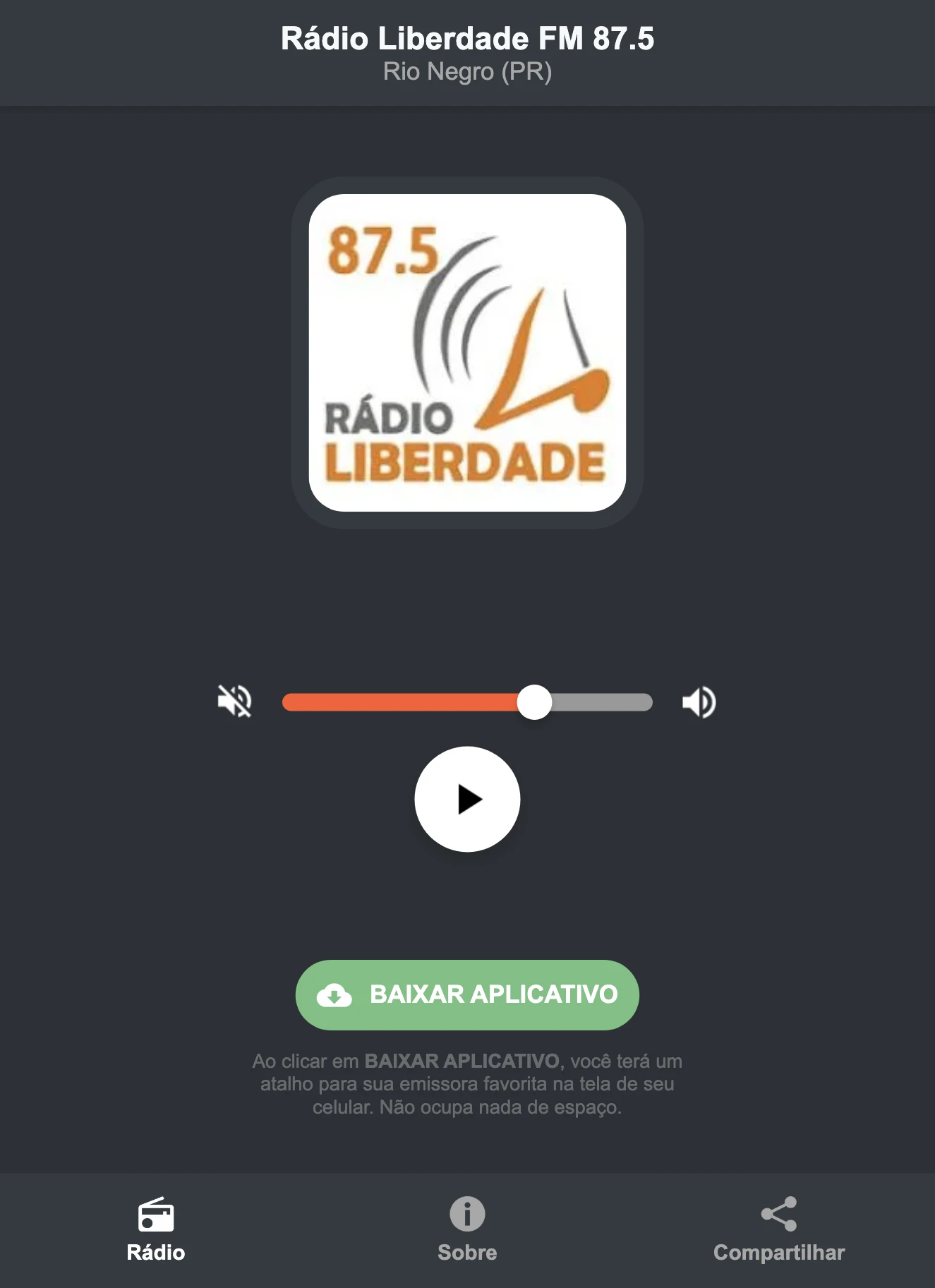 Screenshot do aplicativo da Rádio Liberdade FM 87.5