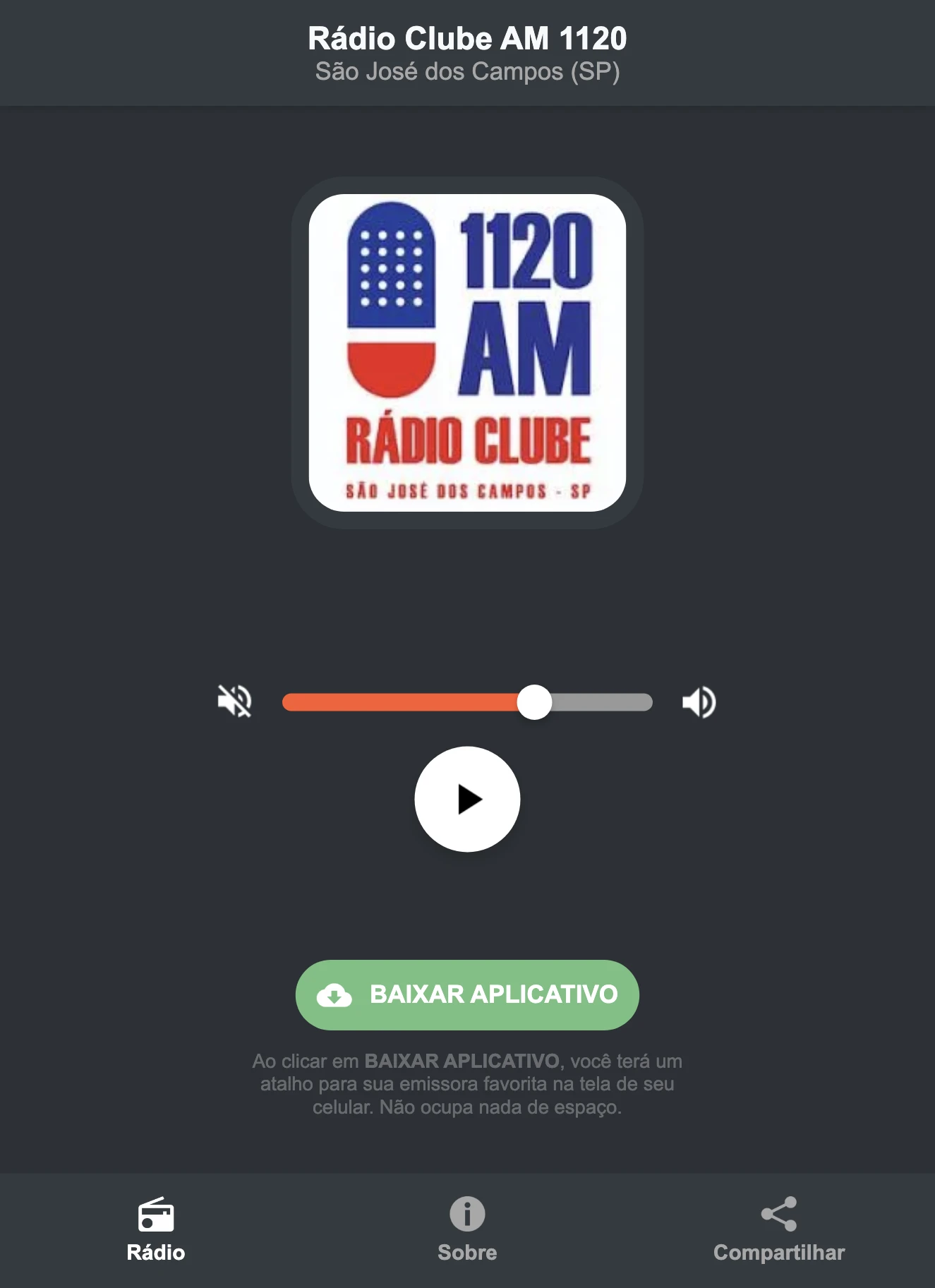 Screenshot do aplicativo da Rádio Clube AM 1120