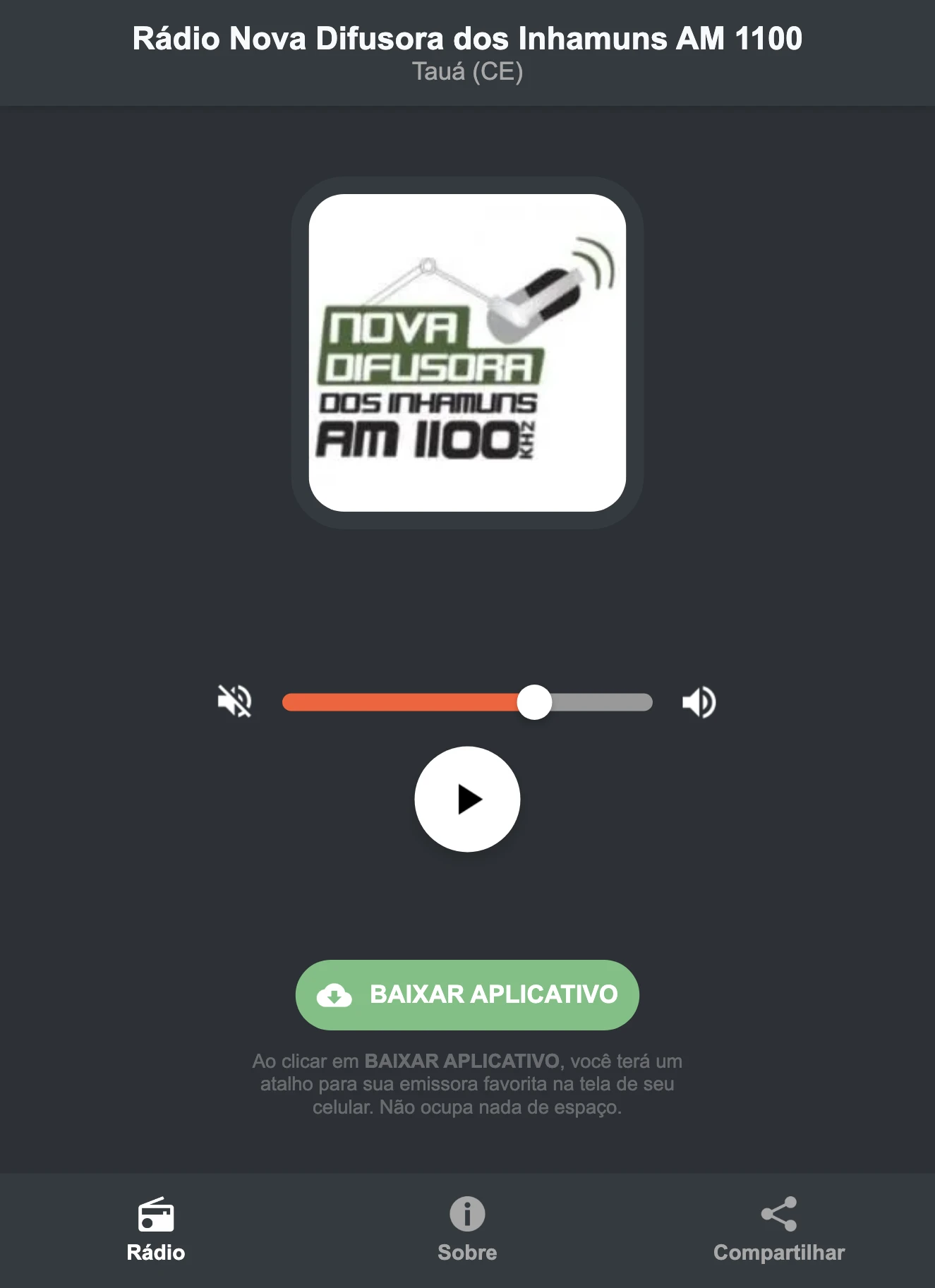Screenshot do aplicativo da Rádio Nova Difusora dos Inhamuns AM 1100