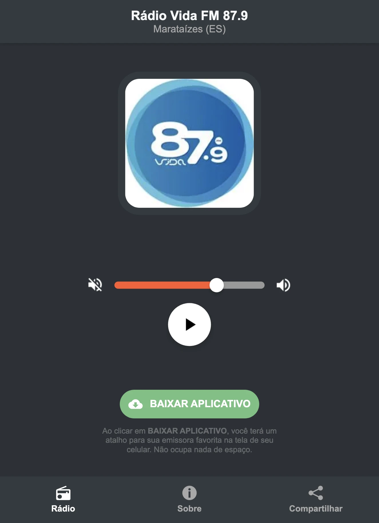 Screenshot do aplicativo da Rádio Vida FM 87.9