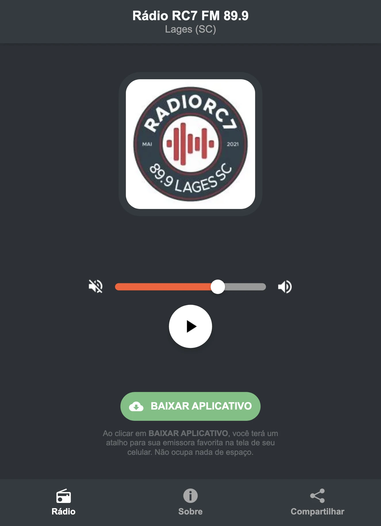 Screenshot do aplicativo da Rádio RC7 FM 89.9
