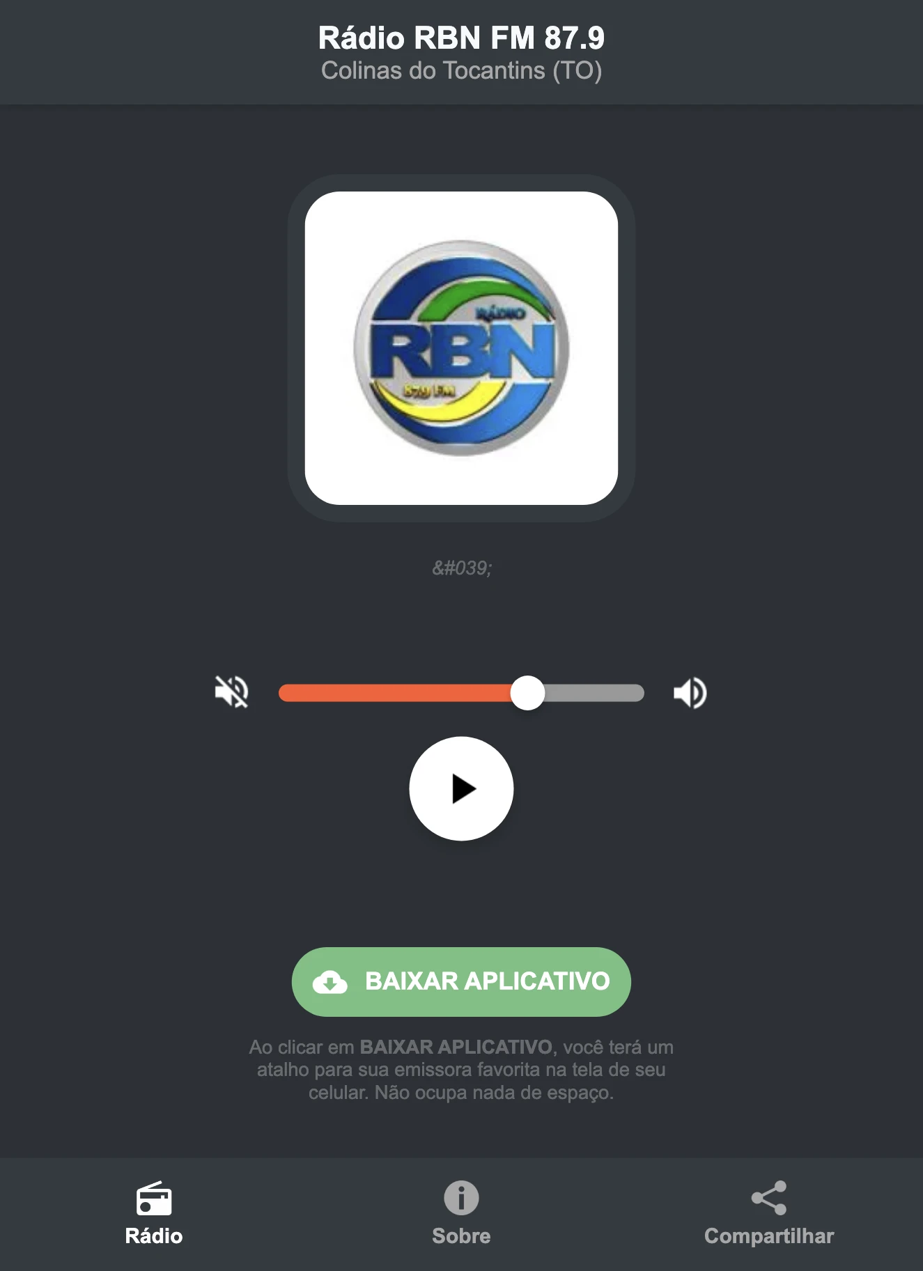 Screenshot do aplicativo da Rádio RBN FM 87.9