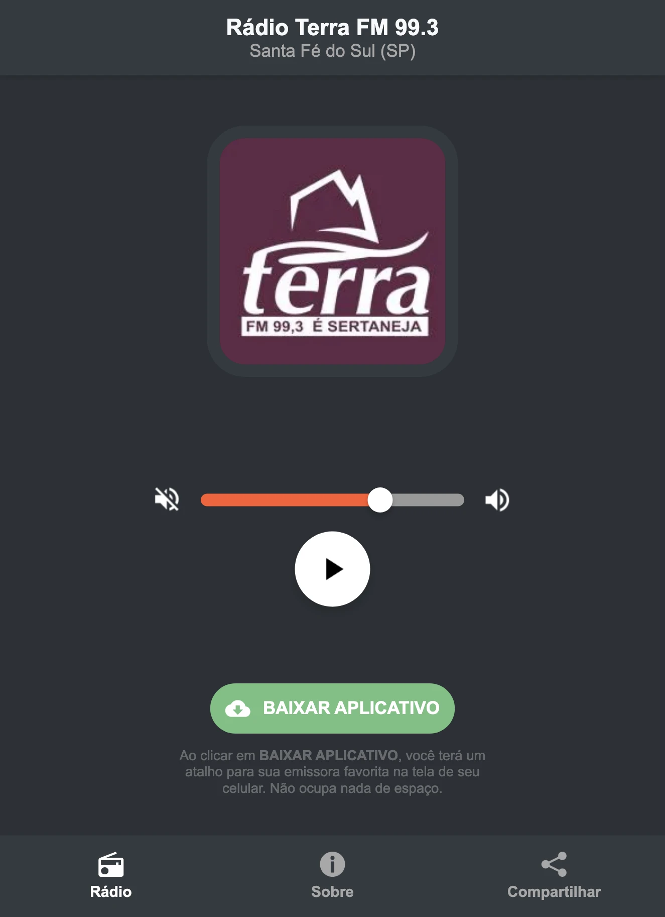Screenshot do aplicativo da Rádio Terra FM 99.3