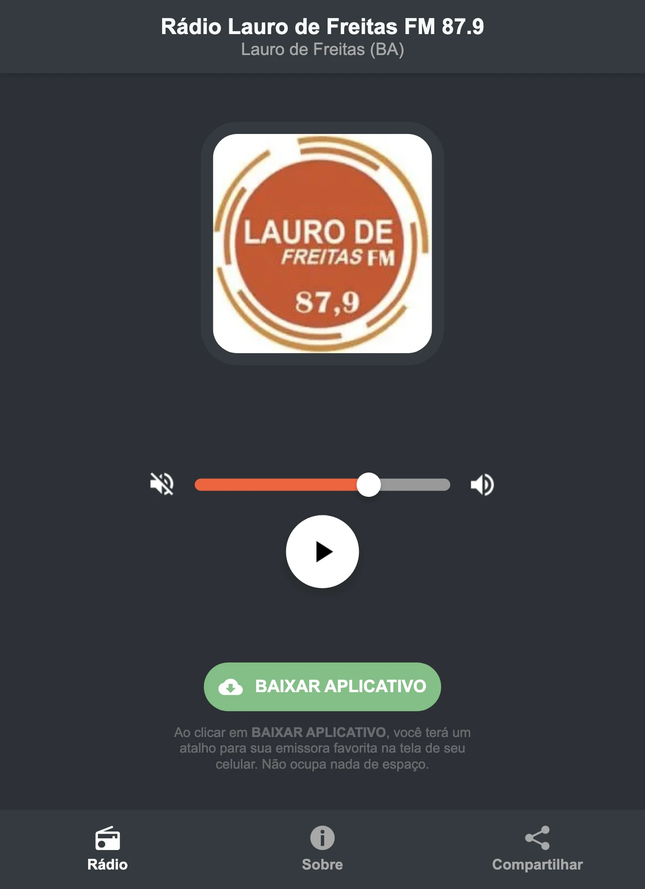 Screenshot do aplicativo da Rádio Lauro de Freitas FM 87.9
