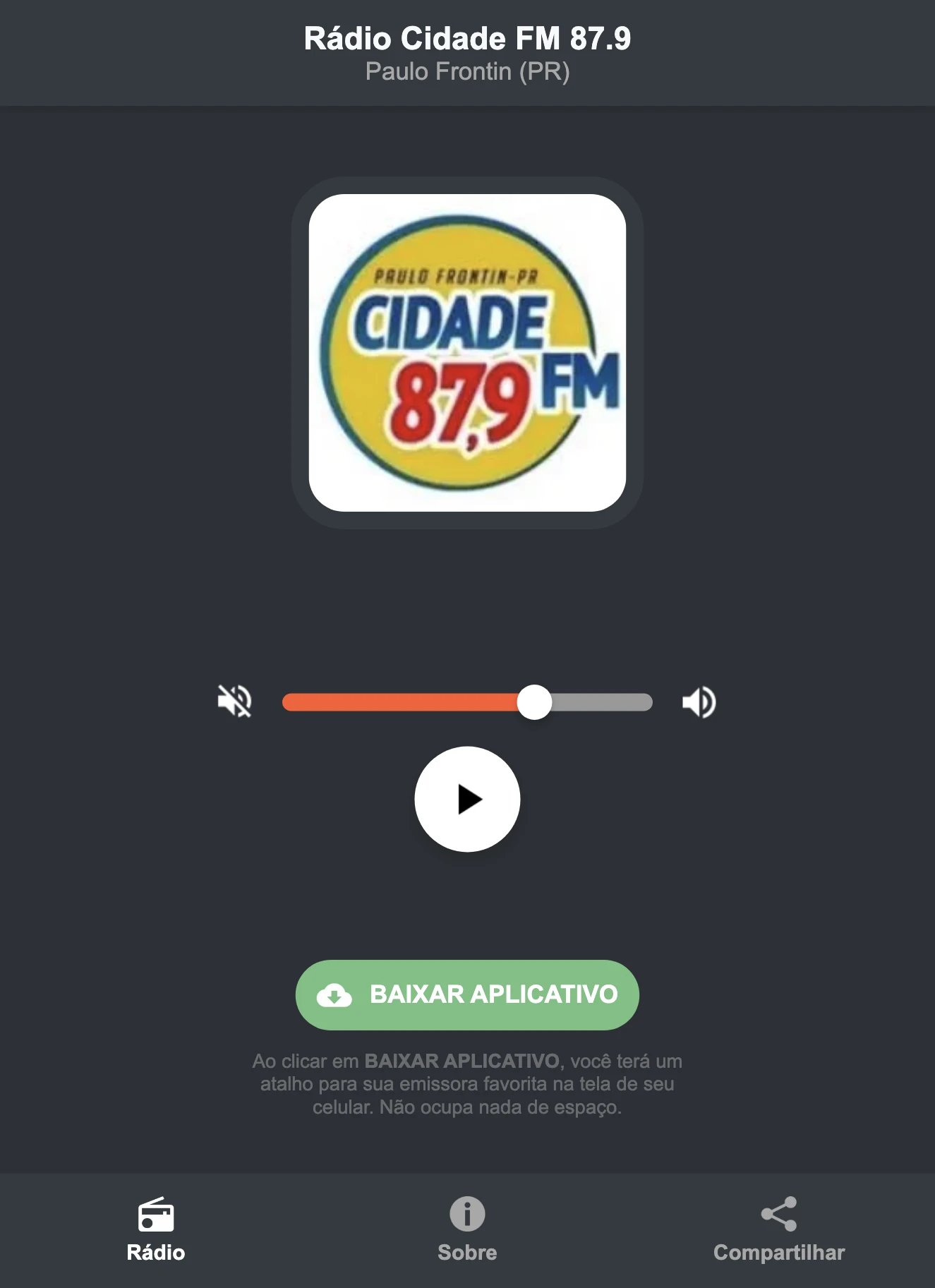 Screenshot do aplicativo da Rádio Cidade FM 87.9