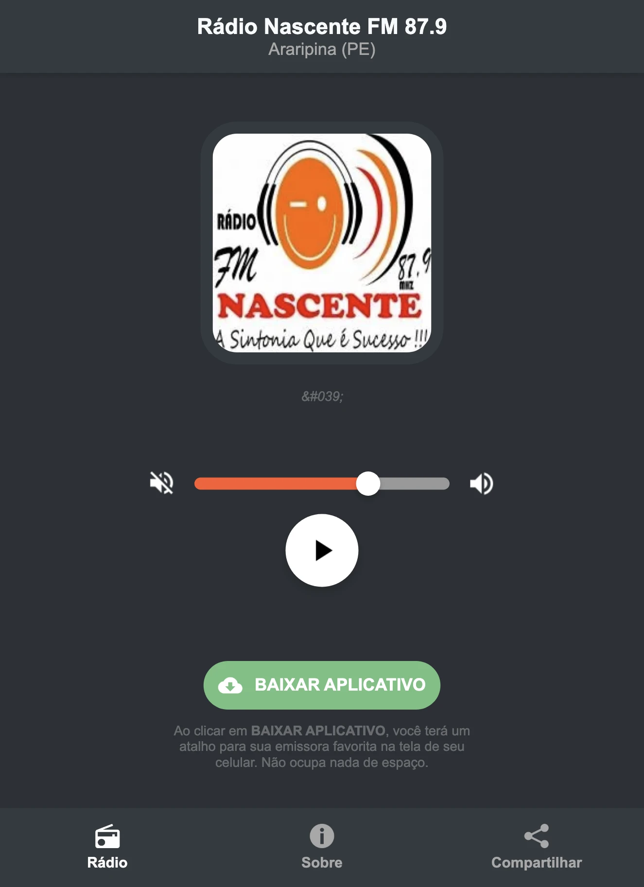 Screenshot do aplicativo da Rádio Nascente FM 87.9