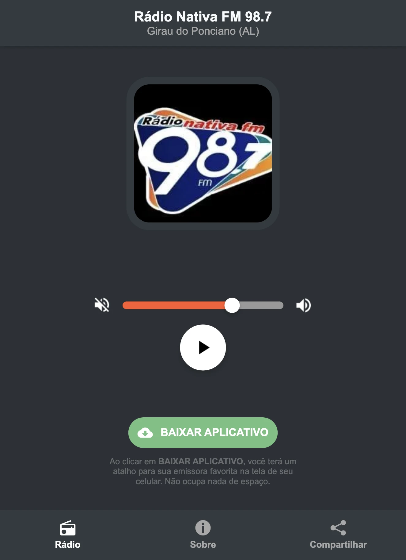 Screenshot do aplicativo da Rádio Nativa FM 98.7