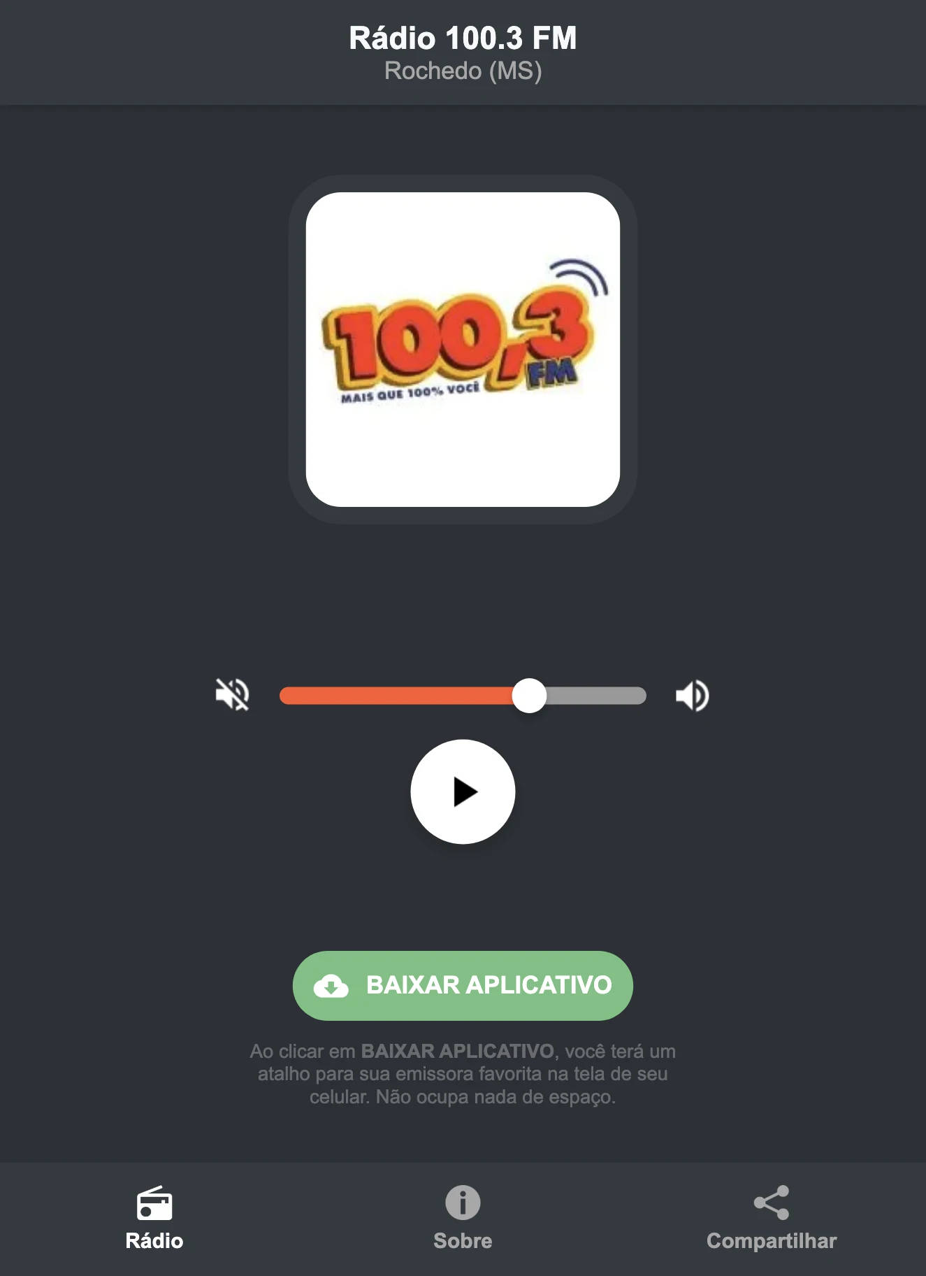 Screenshot do aplicativo da Rádio 100.3 FM