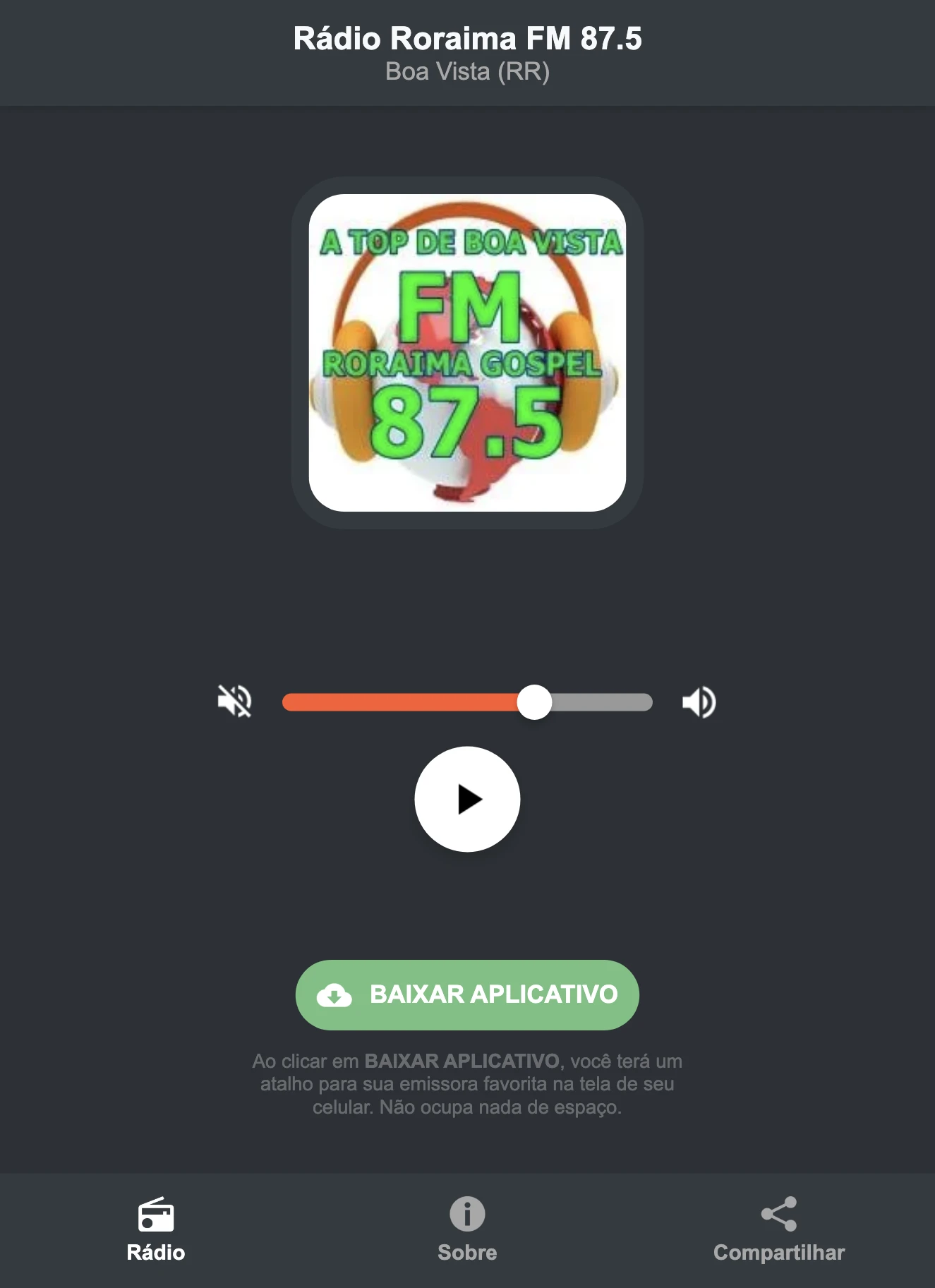 Screenshot do aplicativo da Rádio Roraima FM 87.5